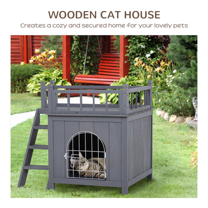 PawHut 2-Story Pet House for Cats Miniature Sized Dogs, Wooden Kitten Shelter with Enclosure, Balcony, Lockable Gate, Stairs, Grey