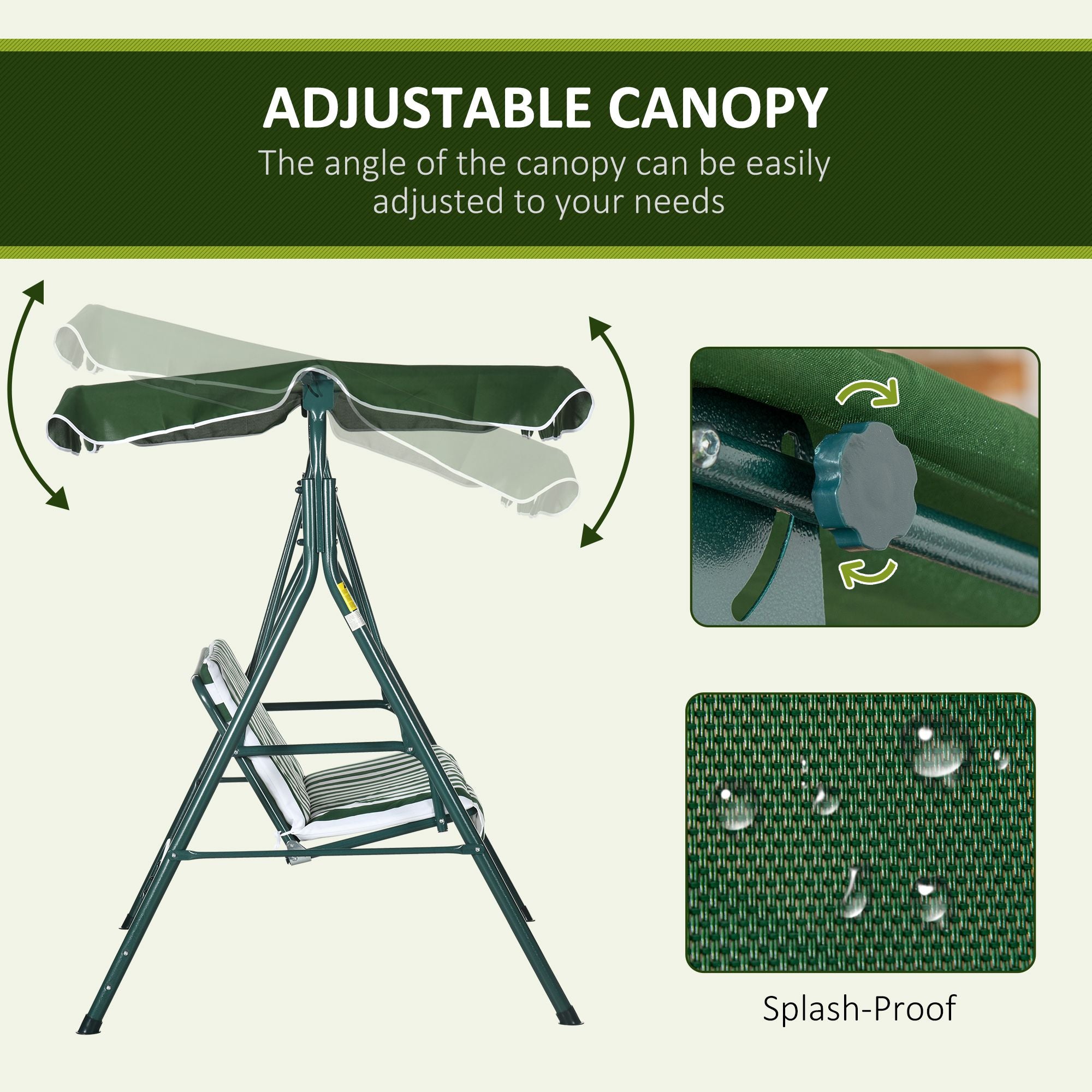 Outsunny 3-Seater Outdoor Porch Swing with Adjustable Canopy, Patio Swing Chair for Garden, Poolside, Backyard, Green and White