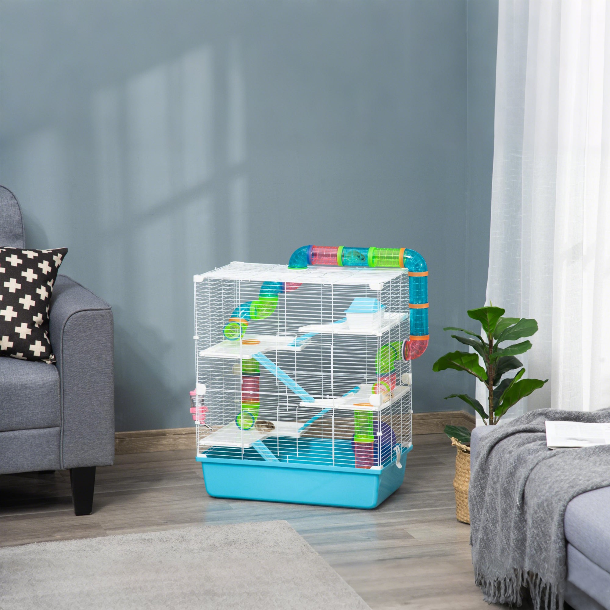 PawHut 23" Large Hamster Cage, Small Animal House, 5-Level Gerbil Haven, Tunnel Tube System, with Water Bottle, Exercise Wheel, Food Dish, Ramps, 2 Doors, Light Blue