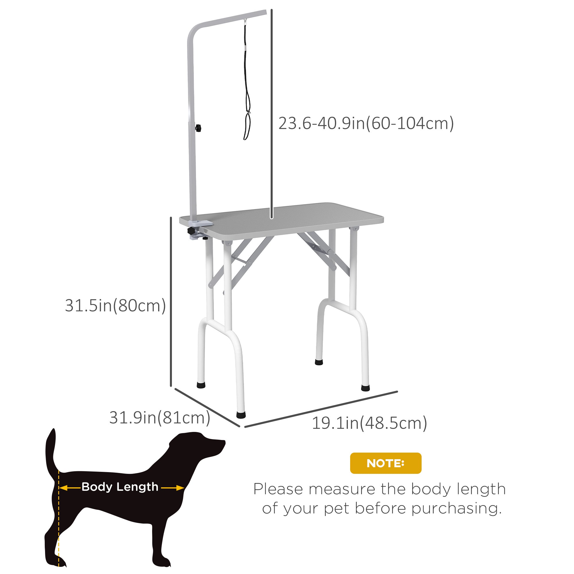 PawHut Foldable Pet Grooming Table for Dogs Cats with Adjustable Arm, Non-slip Surface, Grey