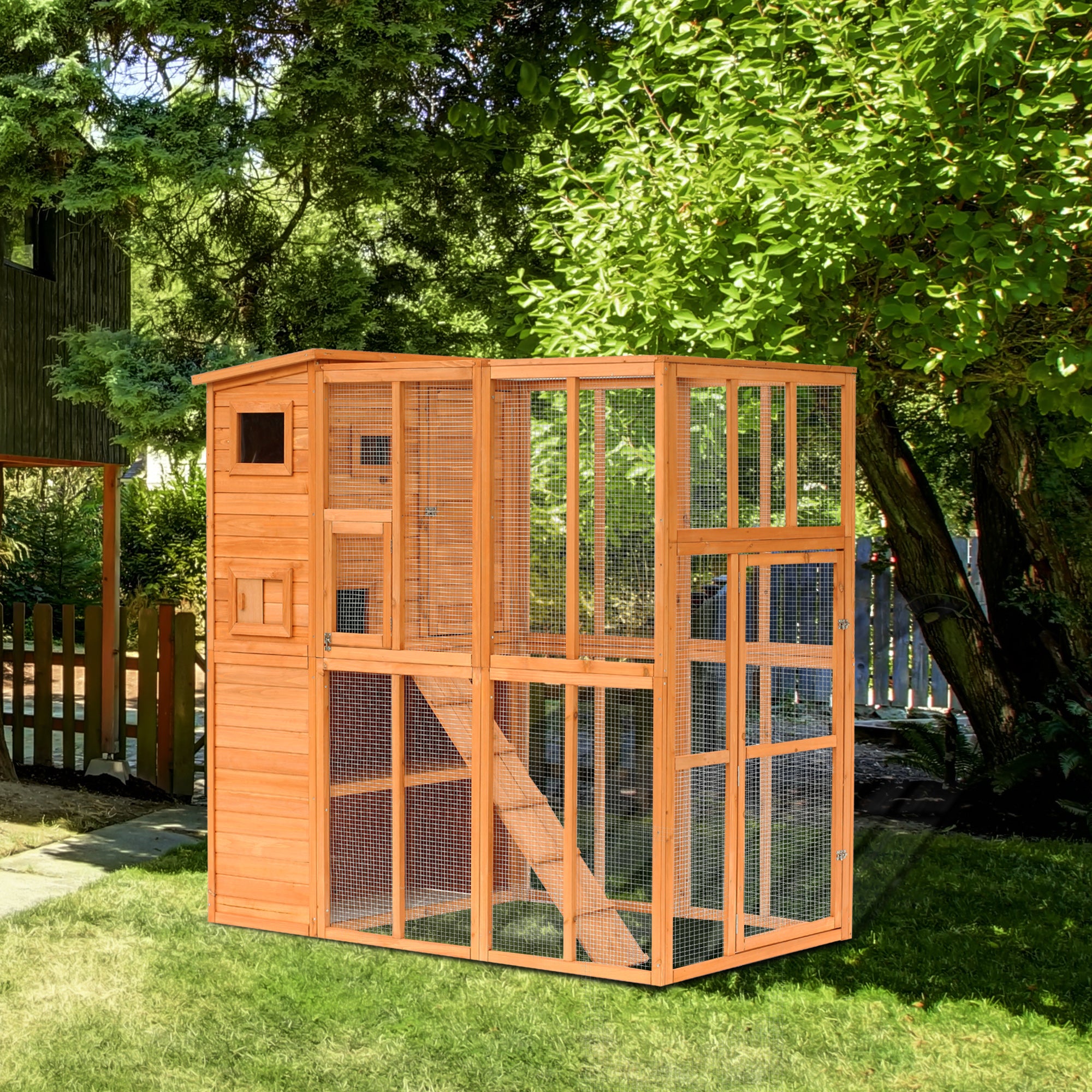 PawHut Large Wooden Outdoor Cat House with Large Run for Play, Catio for Lounging, and Condo Area for Sleeping, Natural