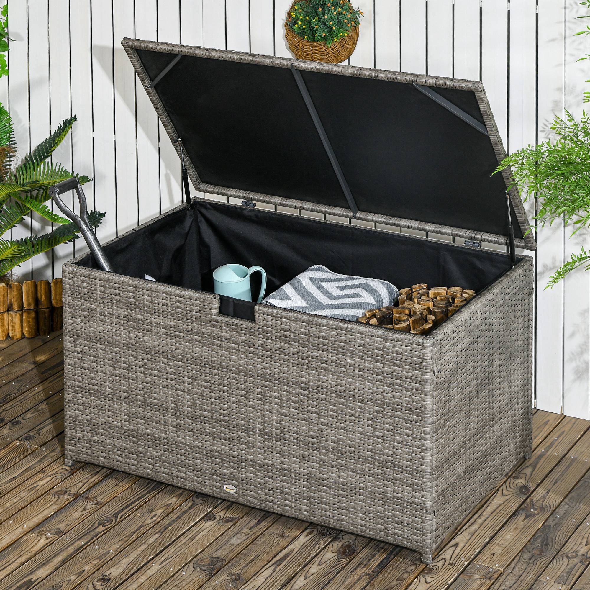 Outsunny 113 Gallon Outdoor Storage Box, Rattan Deck Box for Indoor, Patio Furniture Cushions, Mixed Grey