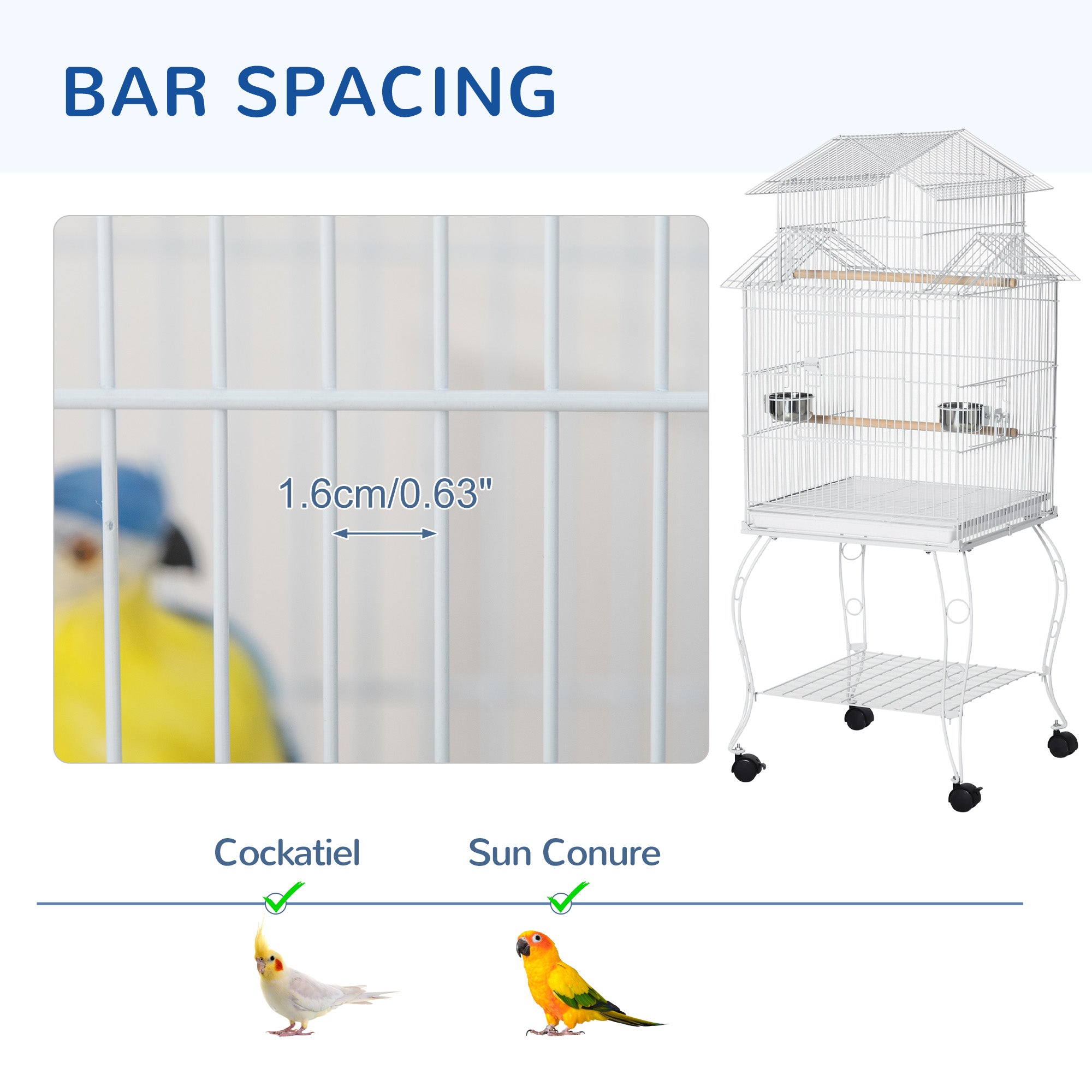 PawHut 53.9'' Large Rolling Steel Bird Cage Bird House with Detachable Rolling Stand, Storage Shelf, Wood Perch, Food Container, White