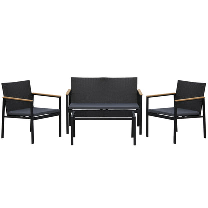 Outsunny 4 Pieces Wicker Patio Furniture Set with Cushions, Outdoor Rattan PE Rattan Conversation Set, Chairs and Loveseat with PS Board Armrests Decoration, Glass Top Table, Black