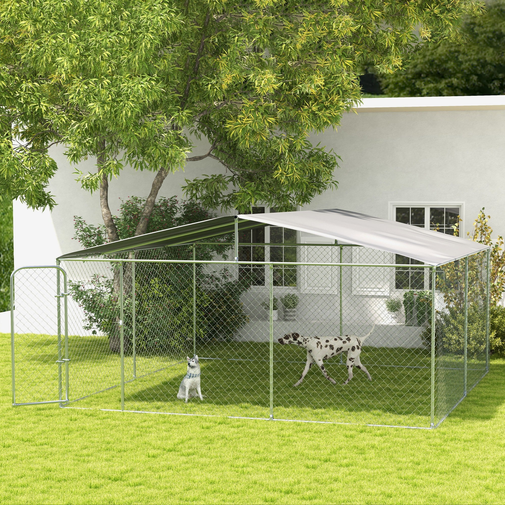 PawHut Dog Kennel Outdoor, Heavy Duty Playpen with Secure Lock, Cover, for Backyard & Patio, 15.1' x 15.1' x 7.5'