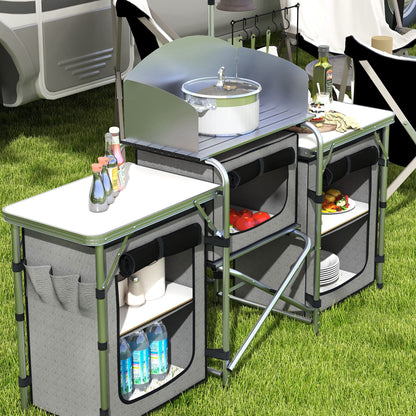 Outsunny Aluminum Camping Kitchen, Portable Folding Camping Table with Fabric Cupboards, Windshield, Bag for BBQ, Picnic, Grey