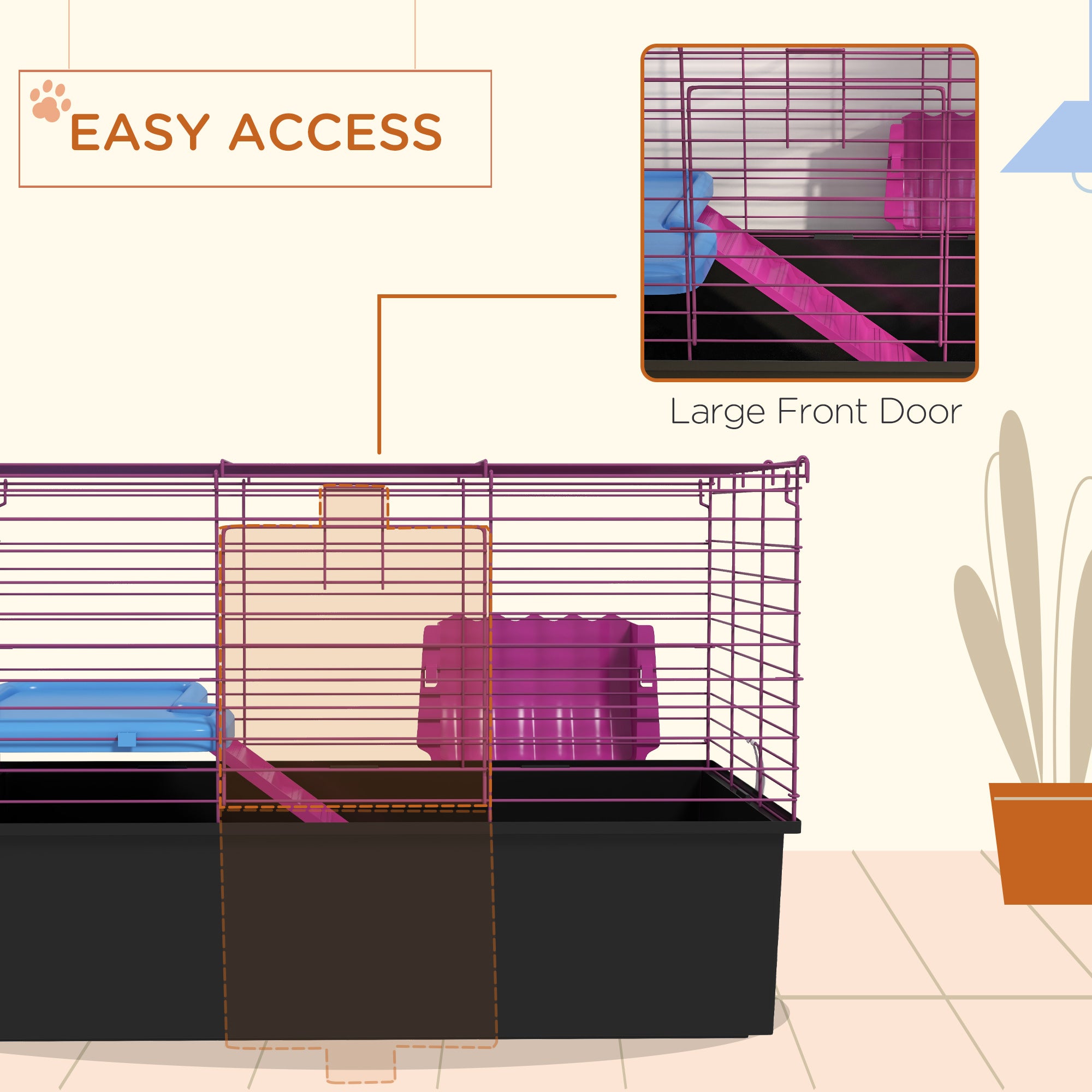 PawHut 18.5" Small Animal Cage with Water Bottle, Food Dish, Platform, Ramp, Black