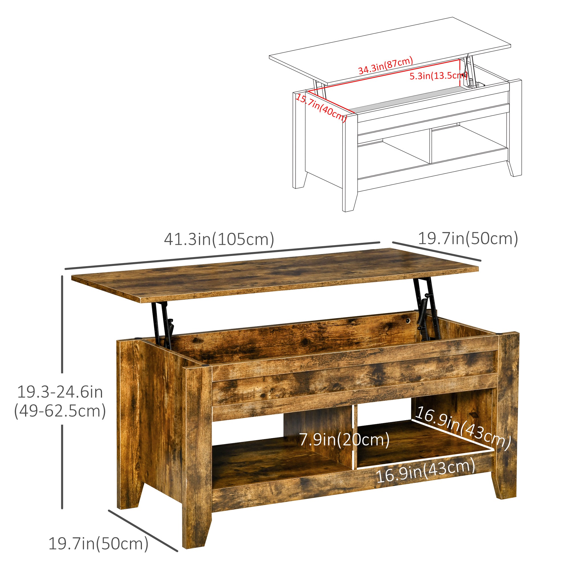 HOMCOM Lift Top Coffee Table with Hidden Storage Compartment and Open Shelves, Lift Tabletop Pop-Up Center Table for Living Room, Brown