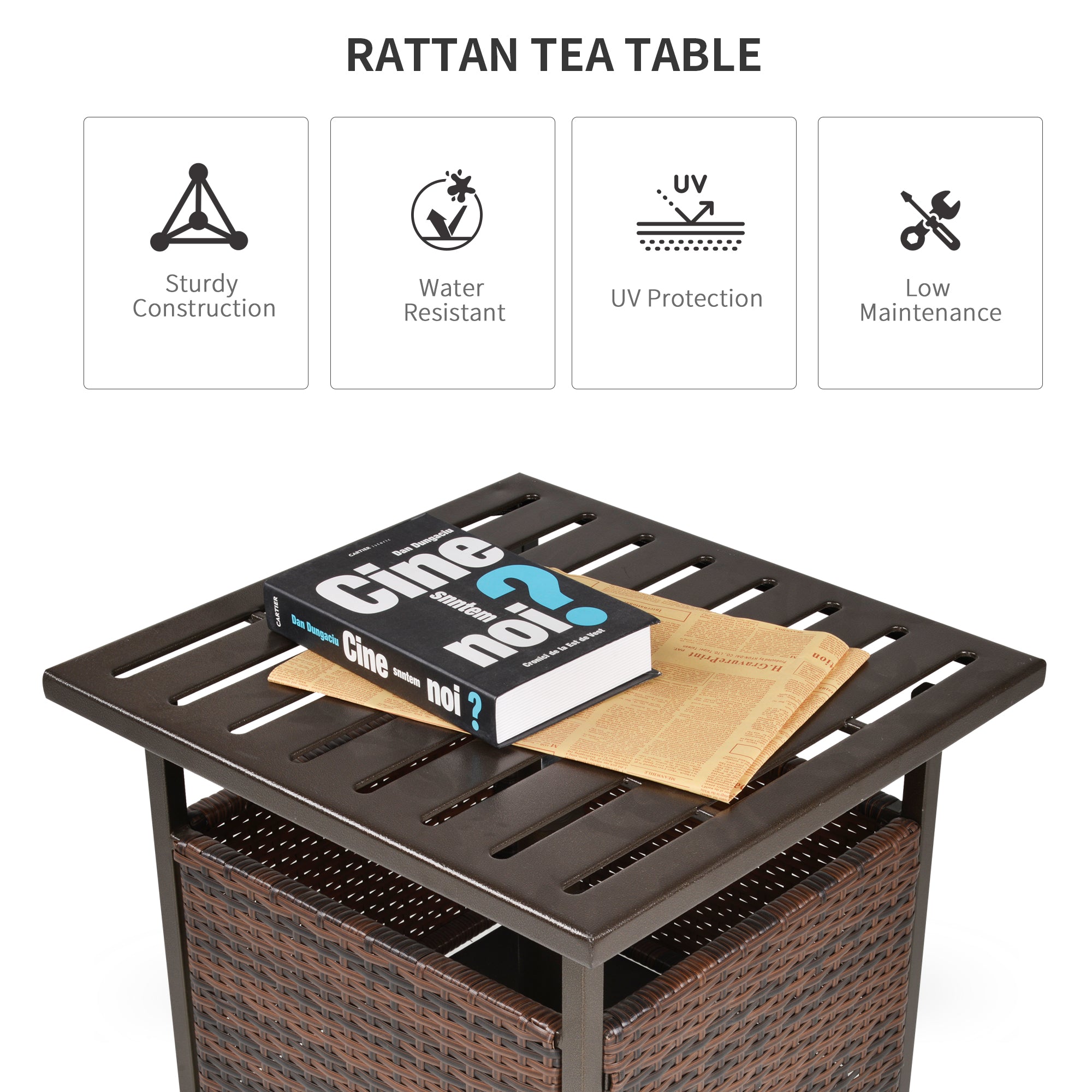 Outsunny 21.75" Outdoor Rattan Wicker Patio Coffee Table with Umbrella Hole, Patio Side Table with Slatted Metal Top, Brown