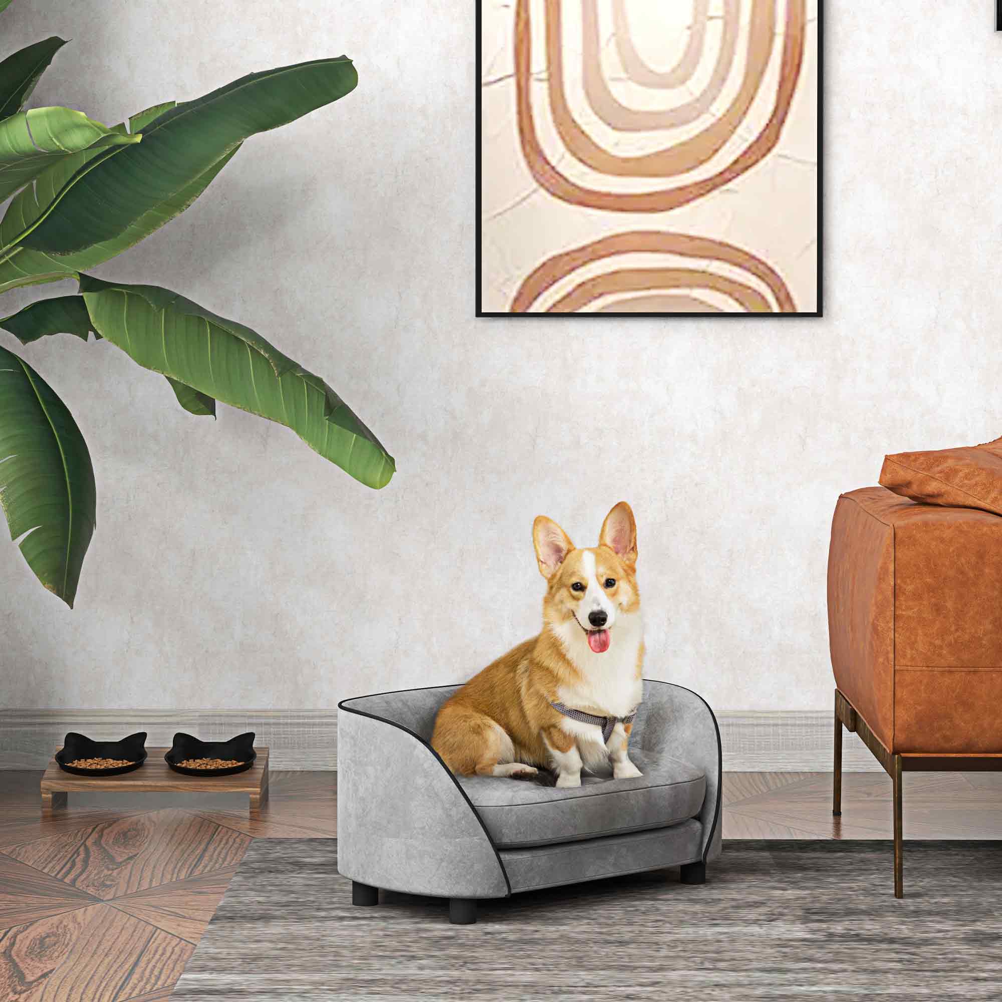 PawHut Pet Sofa Dog Couch for Small to Medium Sized Dogs with Soft Cushion, Removable Washable Cover, Velvet Touch, Grey