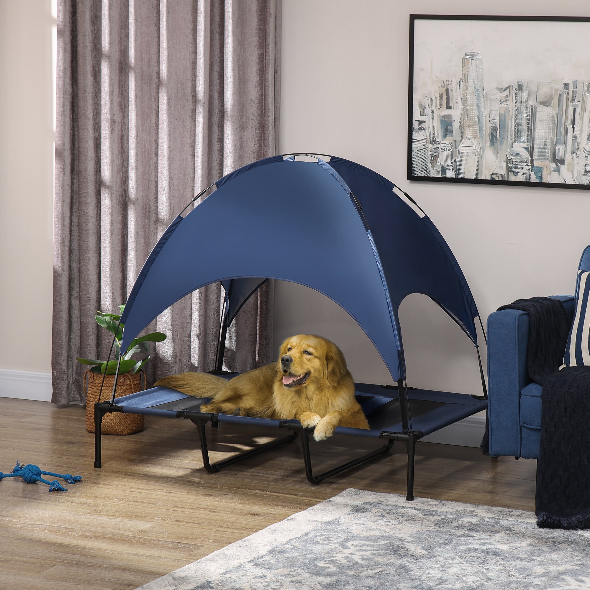 PawHut Elevated Cooling Pet Bed Portable Raised Dog Cot with Canopy for XL Sized Dogs, Dark Blue