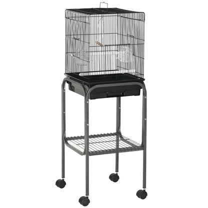PawHut 44.5"H Metal Bird Cage Parrot Play Spot Stand with Wheel, Storage Shelf, Multi-doors - Black