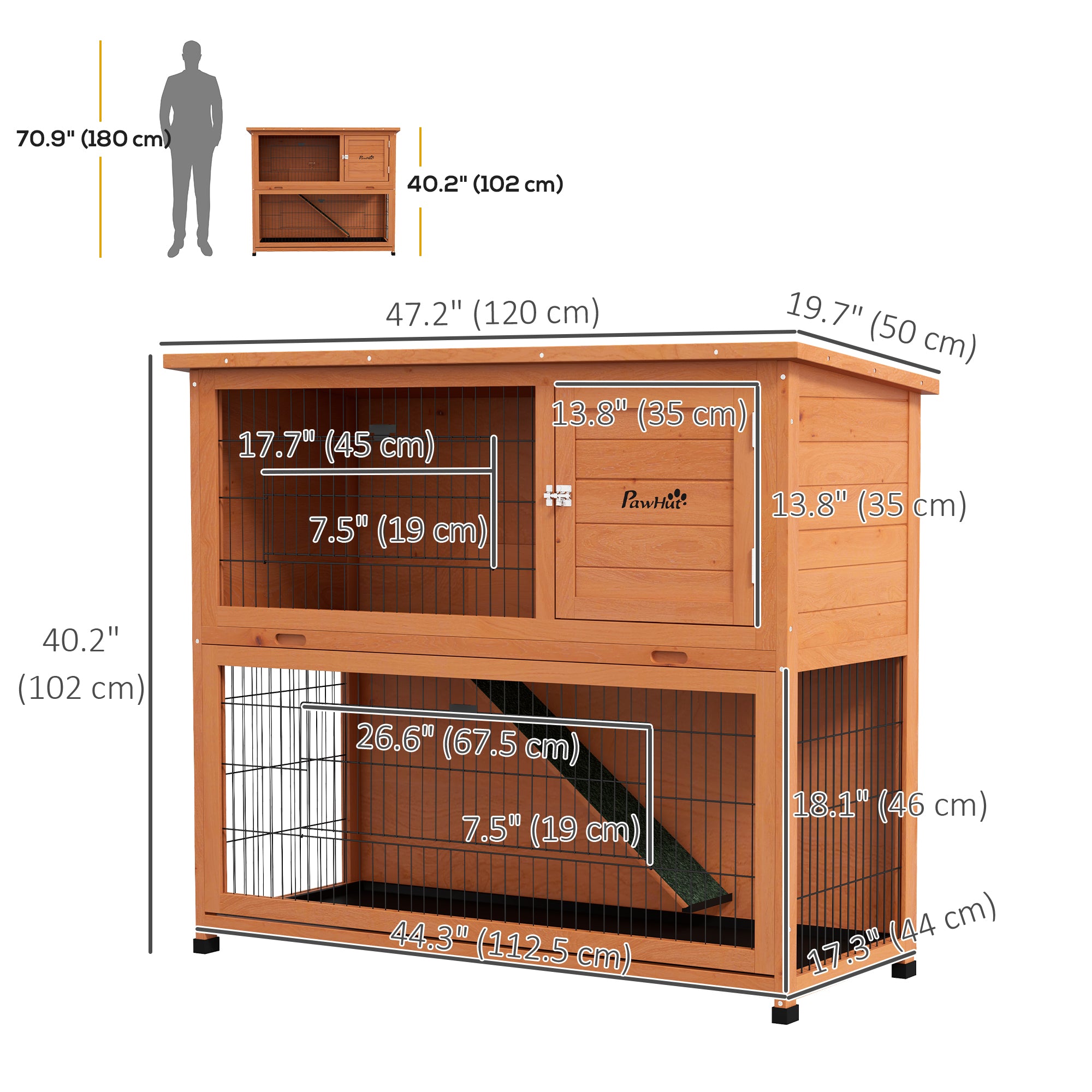PawHut Wooden Rabbit Hutch with Trays, Ramp, Asphalt Roof, Doors for 1-2 Rabbits, 47" x 20" x 40", Orange