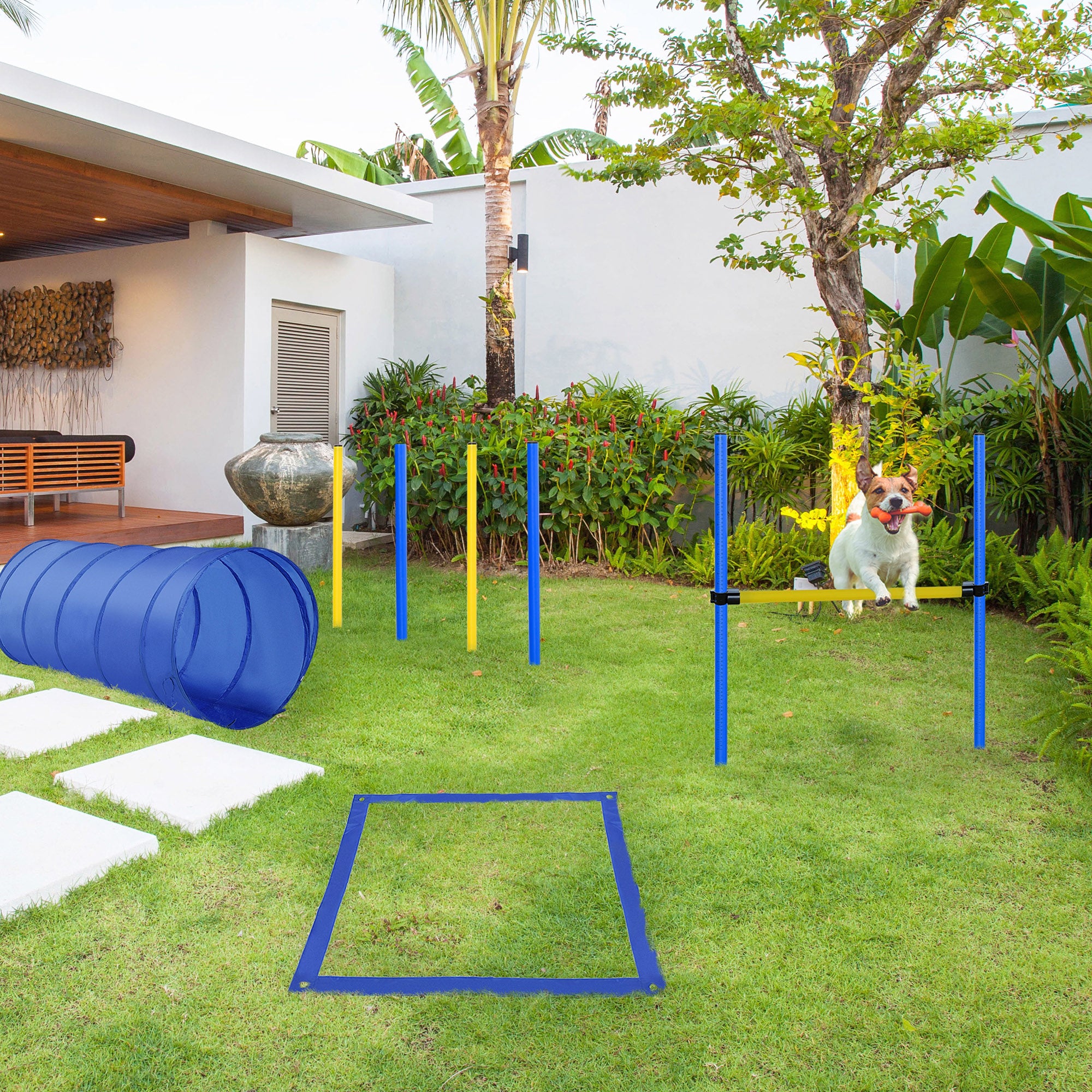 PawHut Dog Agility Starter Kit Pet Outdoor Exercise Training Set Tunnel 4 Weave Poles High Jumper