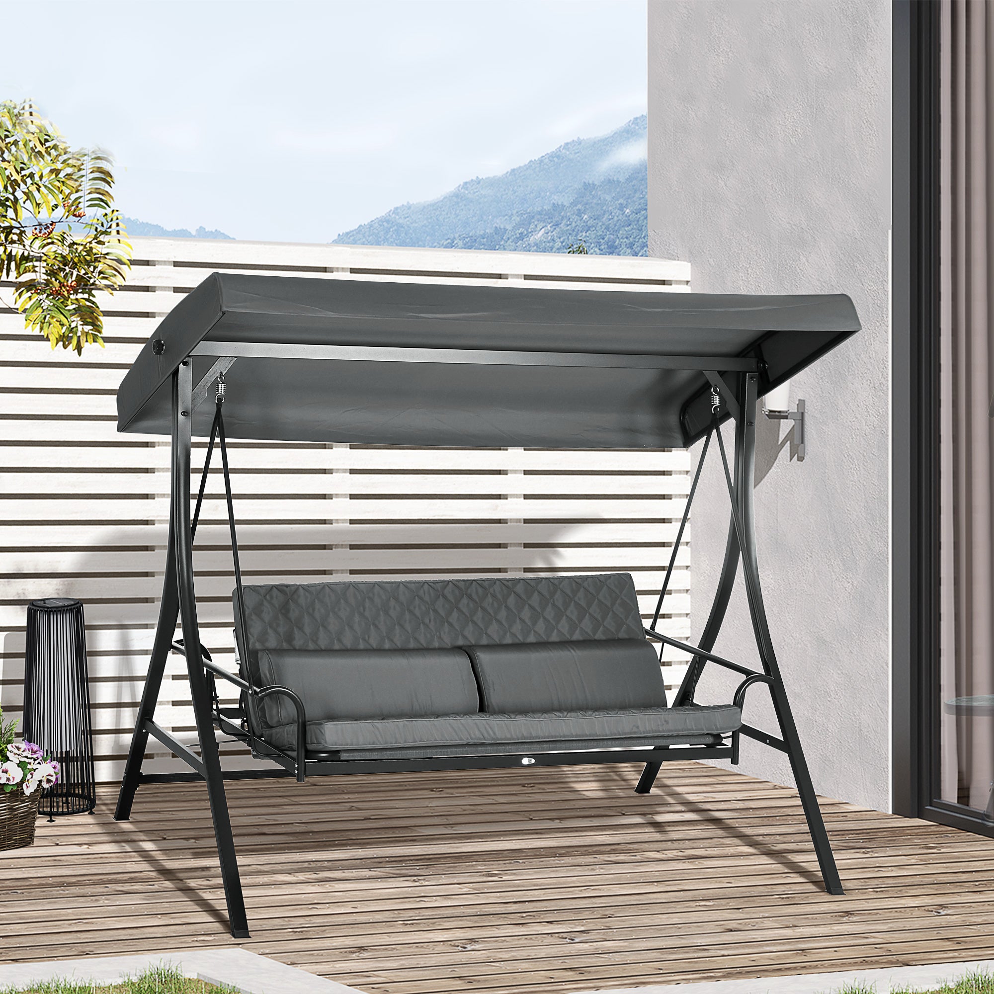 Outsunny 3 Person Porch Swing Bench with Adjustable Canopy, Cushions, Pillows for Porch and Backyard, Dark Grey