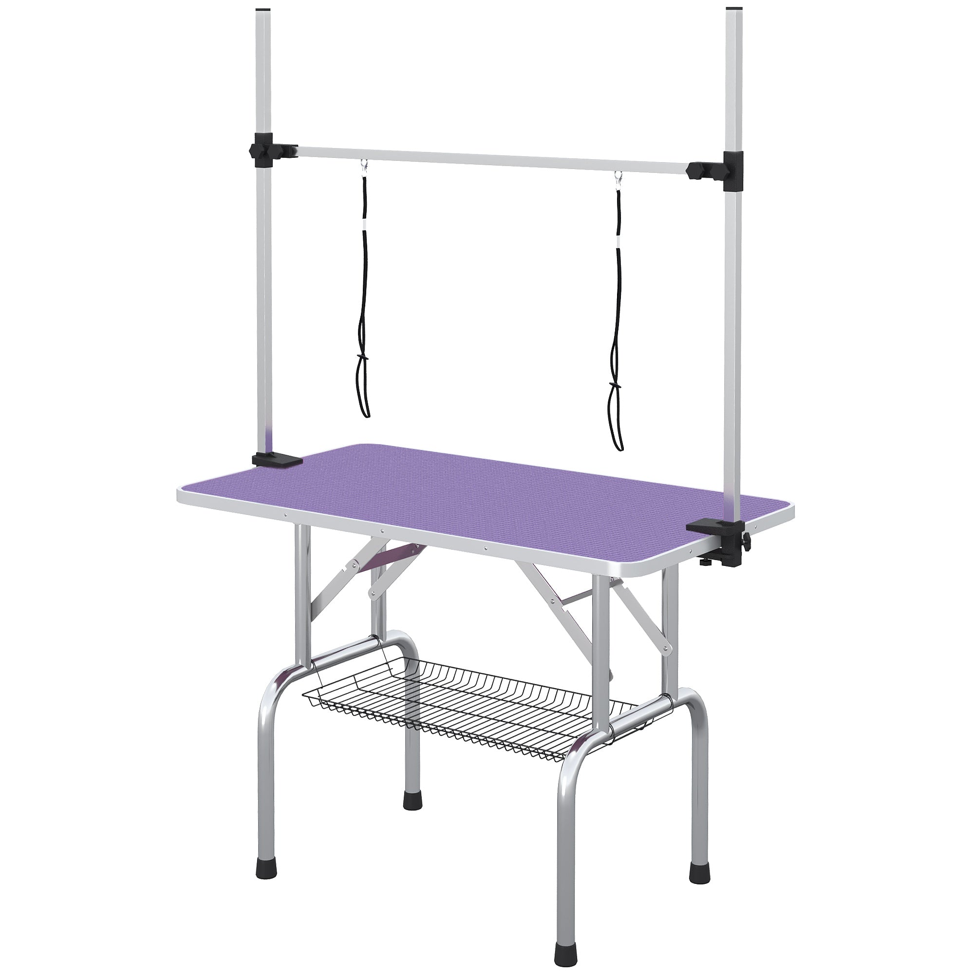 PawHut Adjustable Dog Grooming Table with 2 Safety Slings, Storage Basket, Purple