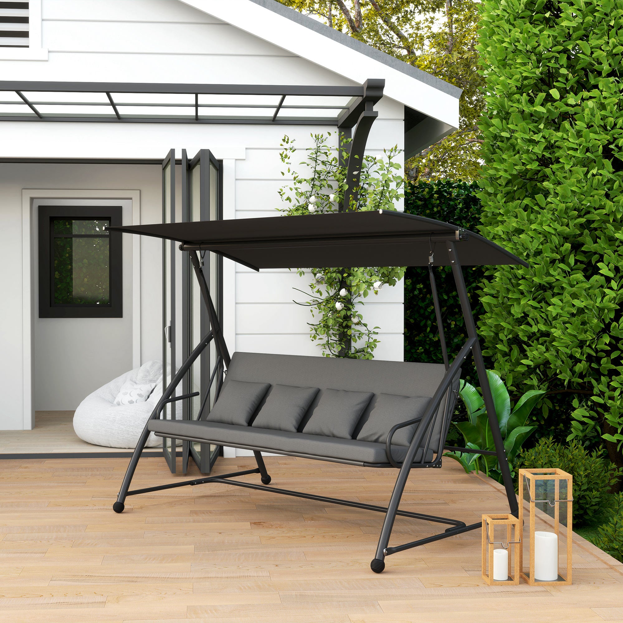 Outsunny Patio Swing Chair, 3 Person Convertible Hammock, Outdoor Swing Lounge Bed, Cushioned with Tilt Canopy, Dark Grey