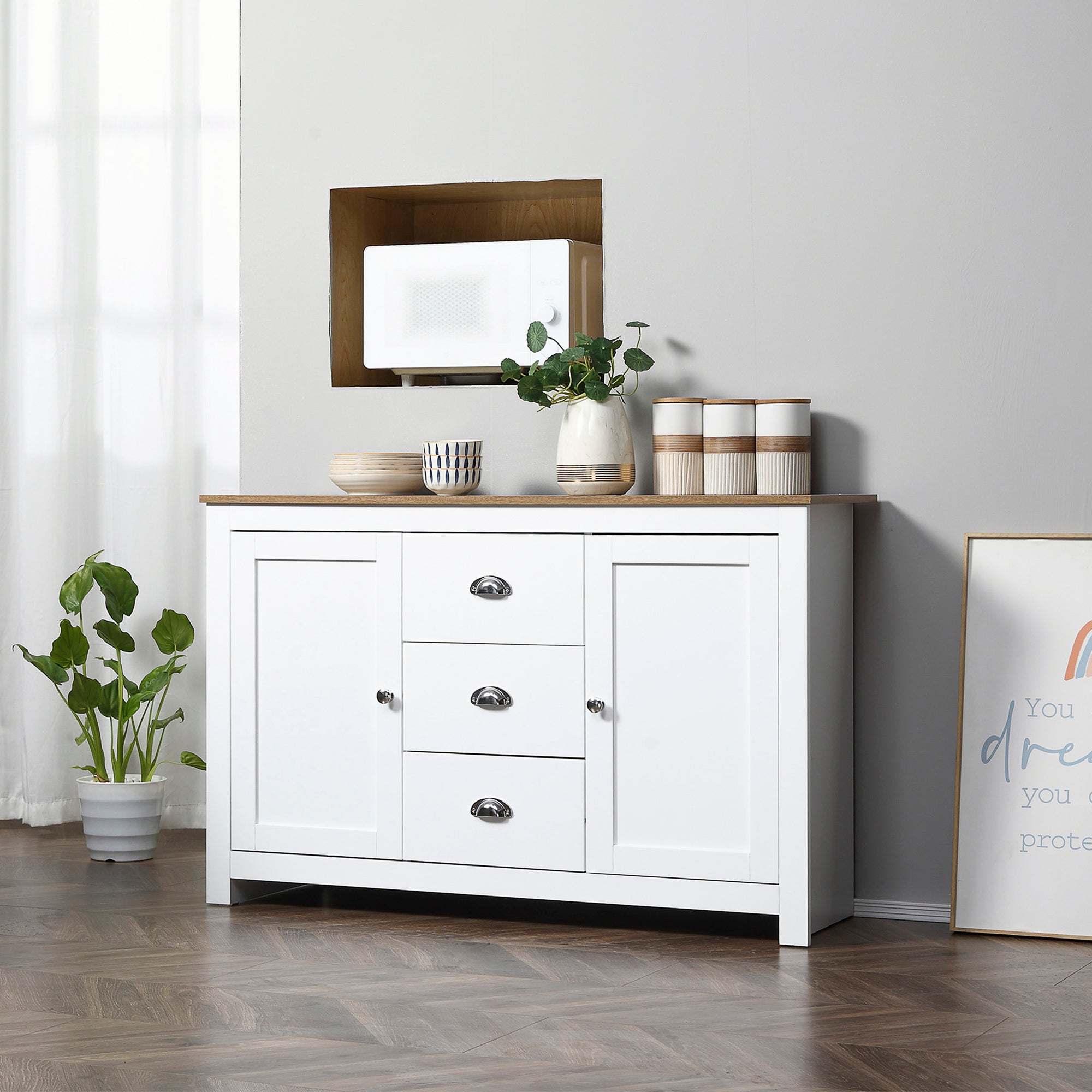 HOMCOM Modern Sideboard Cabinet, Kitchen Buffet Cabinet with 3 Drawers and Adjustable Shelves, Buffets Tables, White
