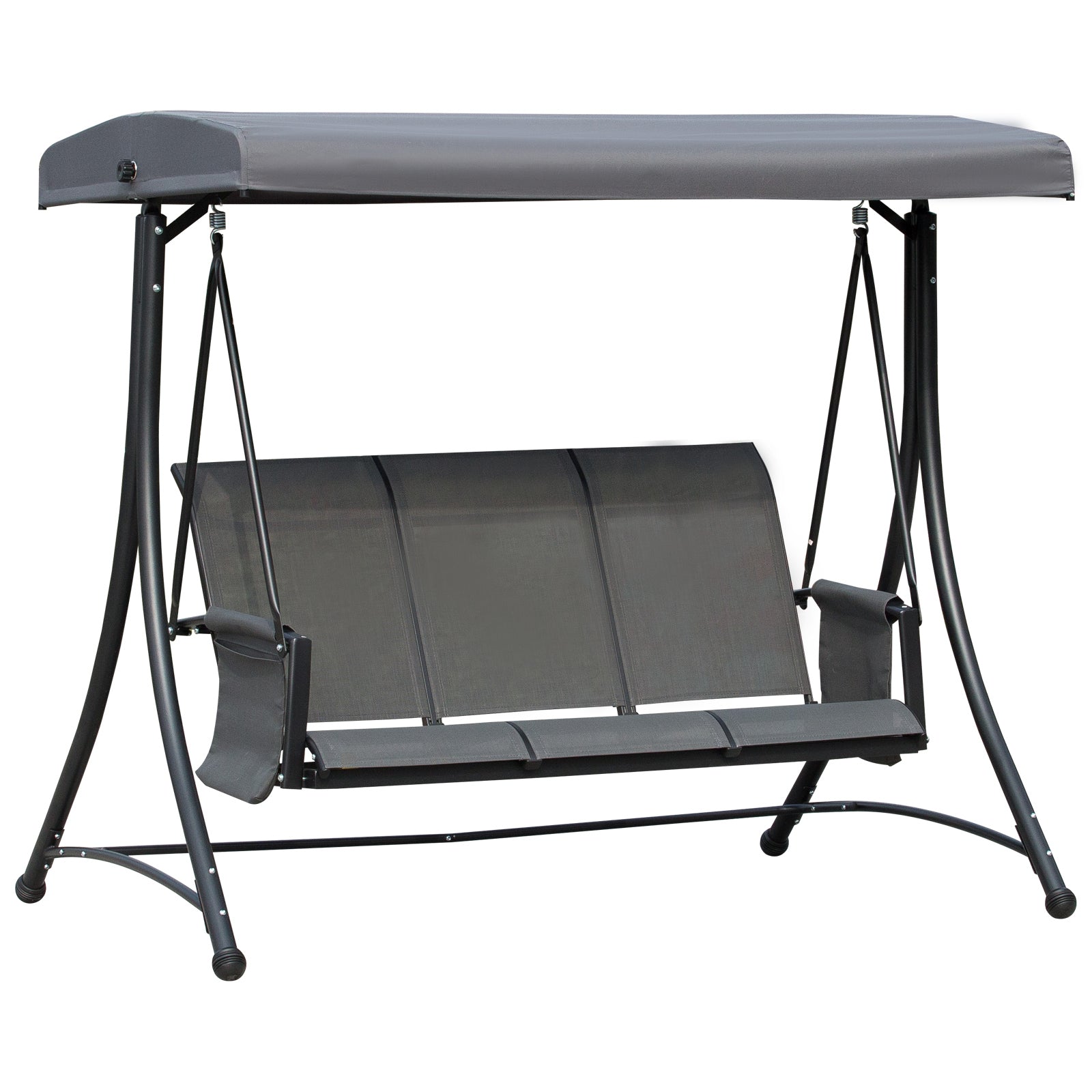 Outsunny 3 Person Porch Swing Outdoor Swing Chair with High Back Design, Side Pouches and Adjustable Canopy, Dark Grey