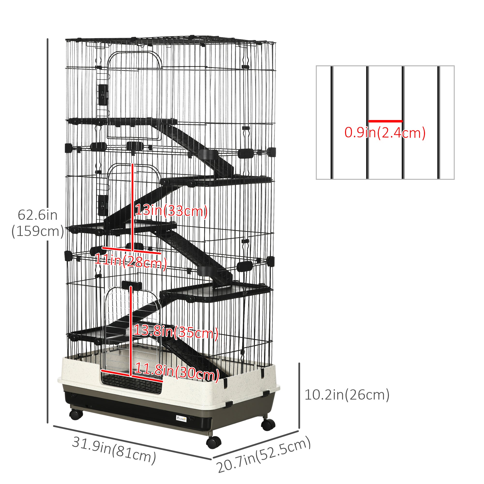 PawHut 63"H 6-Level Small Animal Cage Rabbit Hutch with Universal Lockable Wheels, Slide-Out Tray for Bunny, Chinchillas, Ferret, Black
