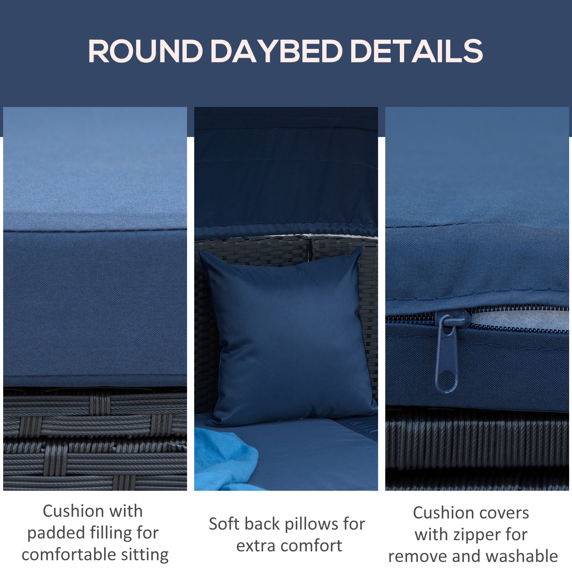 Outsunny 4 Pieces Patio PE Wicker Round Daybed, Outdoor Rattan Garden Lounge Furniture Sets, Dark Blue
