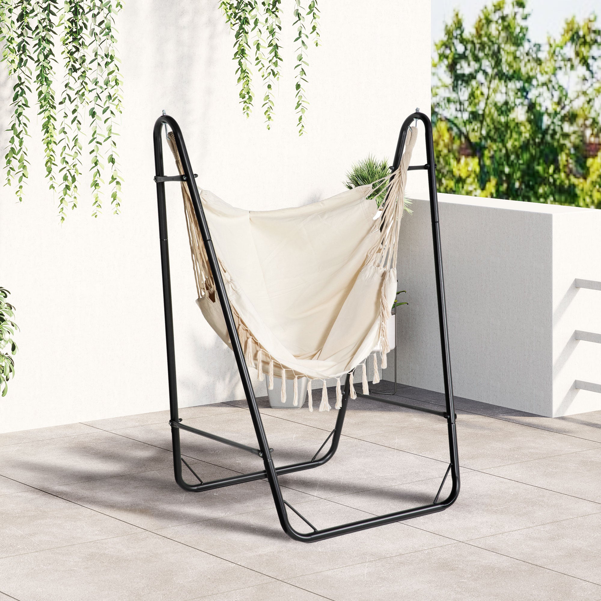 Outsunny Hammock Chair with U Shape Stand, Hammock Swing Chair with A Side Pocket, Cream White