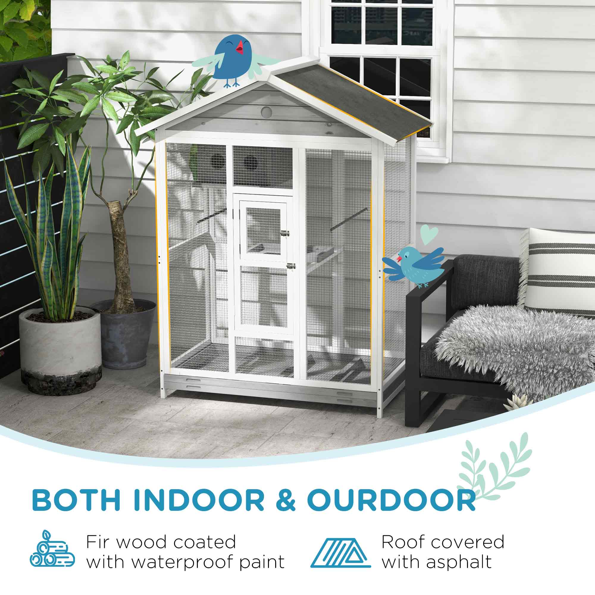 PawHut 65" Bird Cage Large 2 Doors Wooden Aviary for Canary with Standing Pole Nest Slide-out Tray, for Indoor Outdoor, Grey