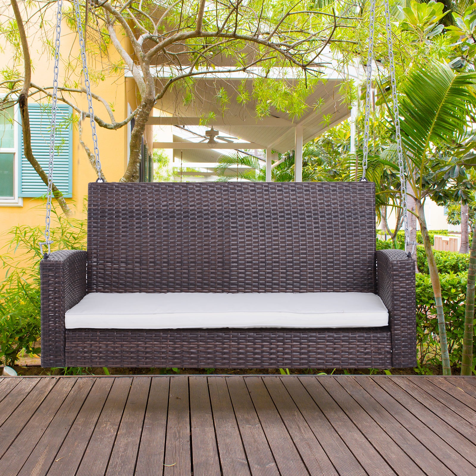 Outsunny 2-Person Patio Porch Swing Chair, Outdoor Rattan Hanging Bench with Cushion & 7.2 ft Steel Chains, Beige
