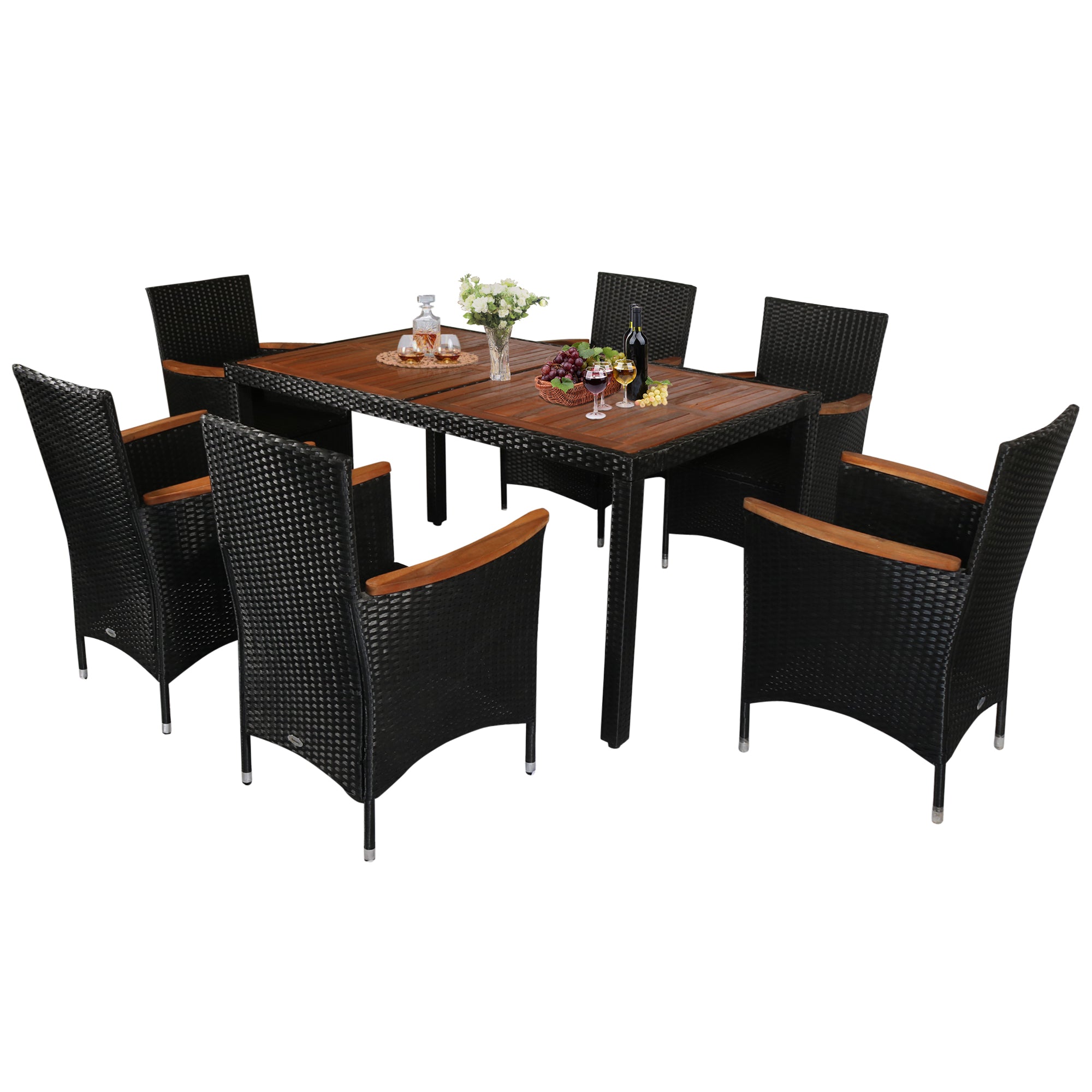 Outsunny 7 Pieces Wicker Patio Dining Set Outdoor Furniture Set with Removable Cushions, Acacia Wood Top Dining Table, PE Rattan Conversation Set for Garden Poolside, Black