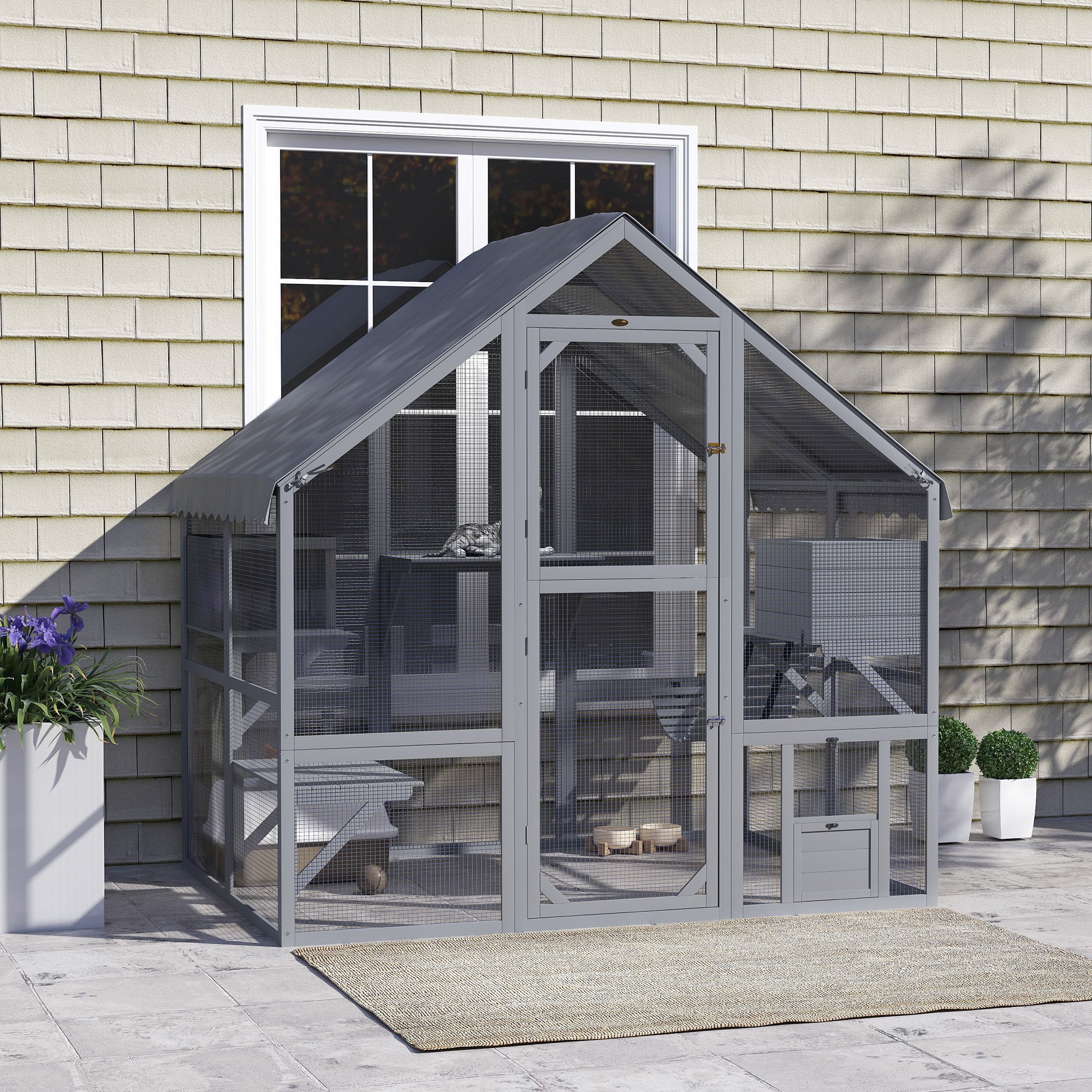 PawHut Large Catio Outdoor with Waterproof Cover, 2 Resting Boxes, 4 Platforms, Bridge, for 2-4 Kittens, Grey