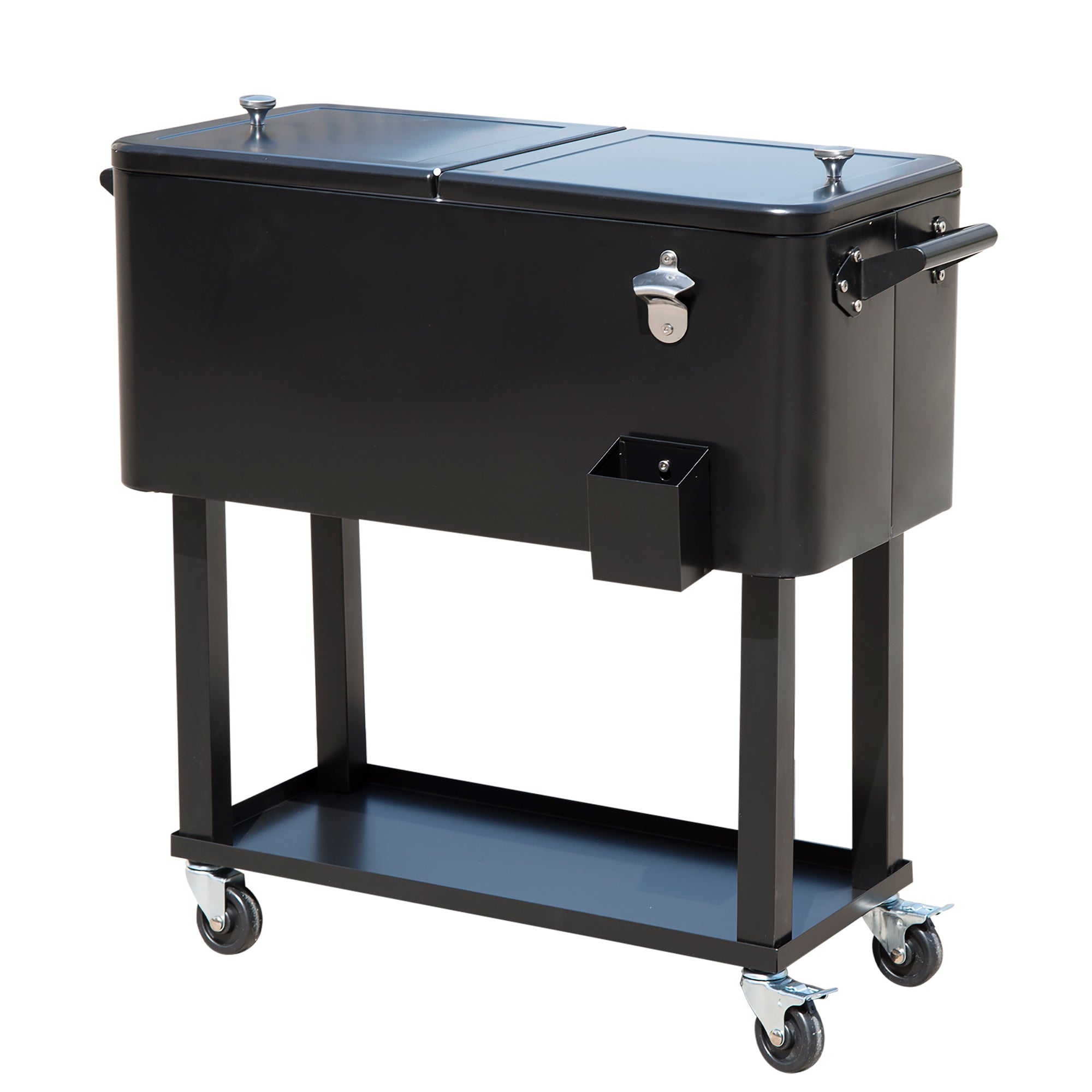 Outsunny 80 Quart Rolling Cooler Cart Portable Patio Ice Beer Beverage Cooling Bin for Outdoor Party w/ Bottle Opener & Storage Shelf Black