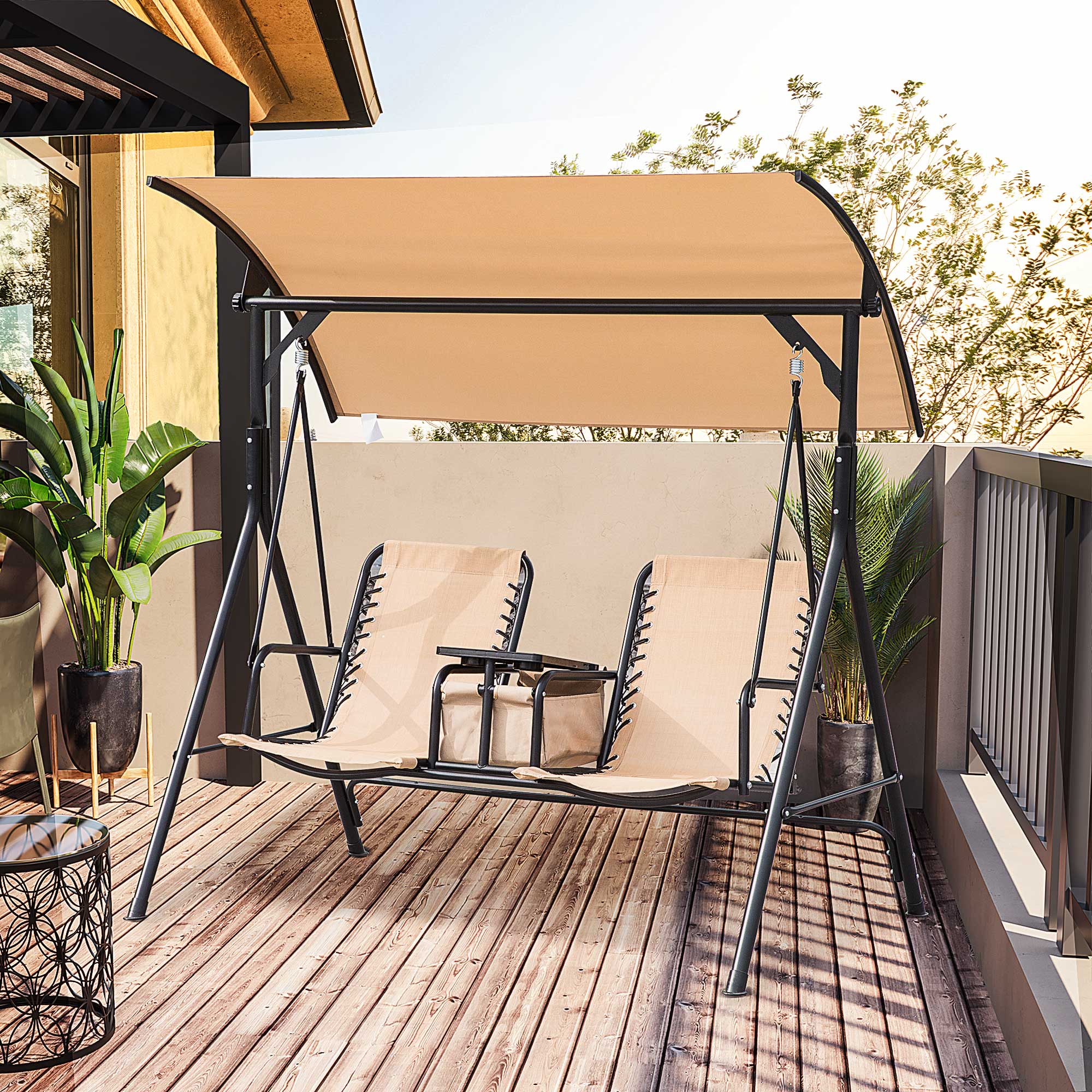 Outsunny 2 Person Covered Porch Swing Patio Swing with Pivot Storage Table, Cup Holder, & Adjustable Overhead Canopy, Beige