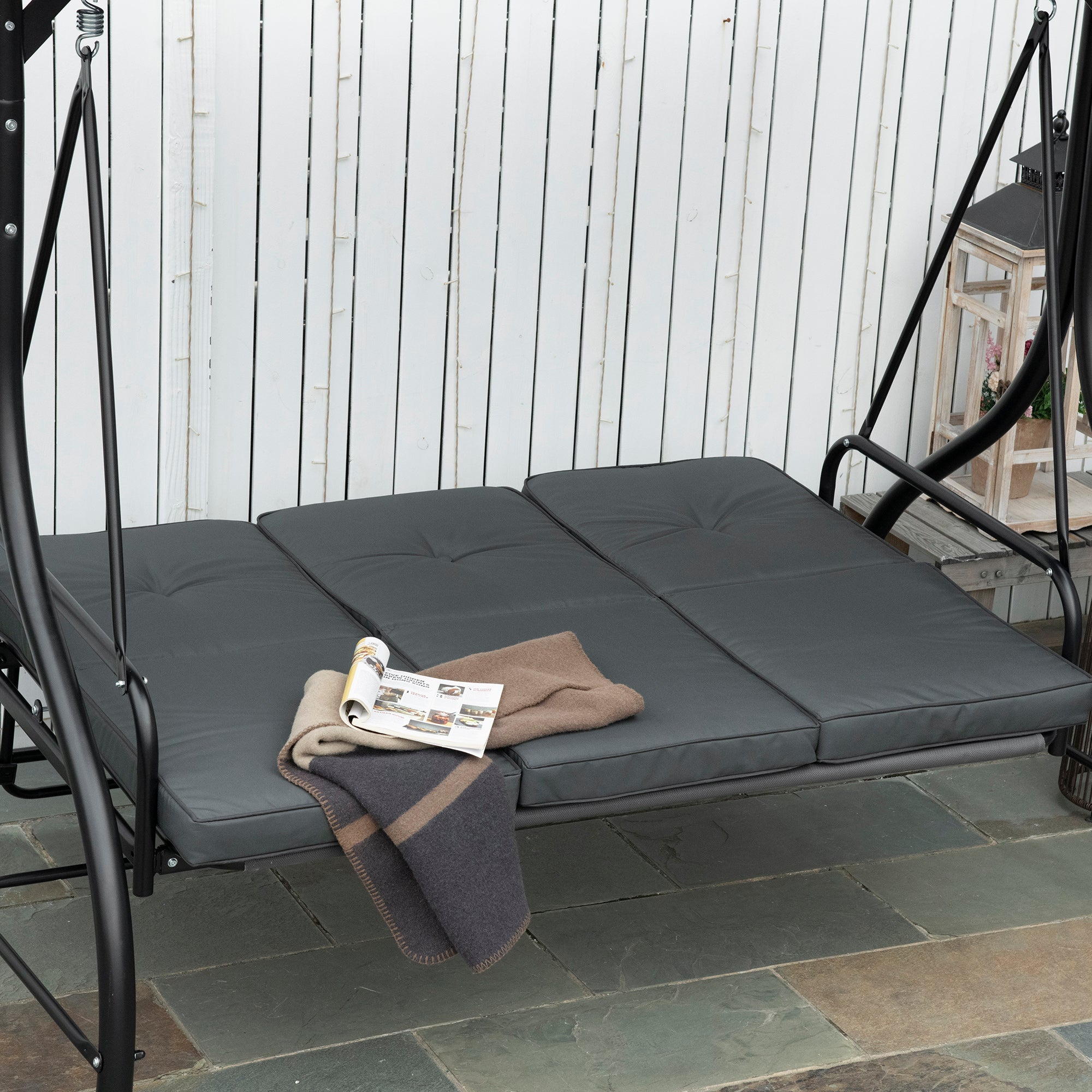 Outsunny Convertible Patio Swing Bed with Canopy and Cushions, 3 Seater Porch Swing for Outdoor, Backyard, Garden, Dark Grey