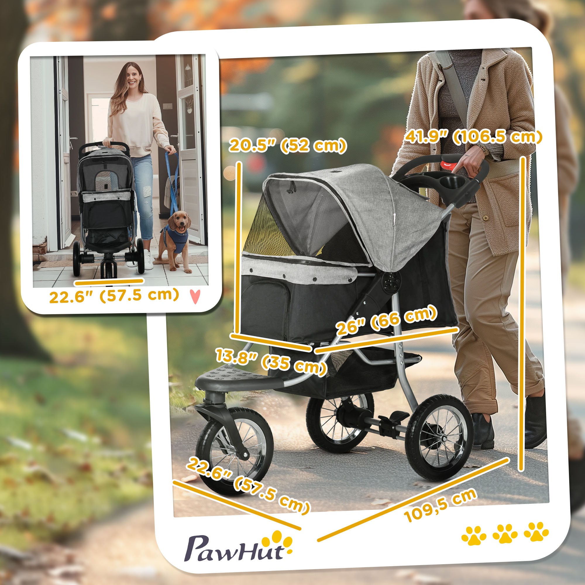 PawHut Pet Stroller with 3 Wheels, One-click Folding Design, Adjustable Canopy, Zippered Mesh Window Door, Grey