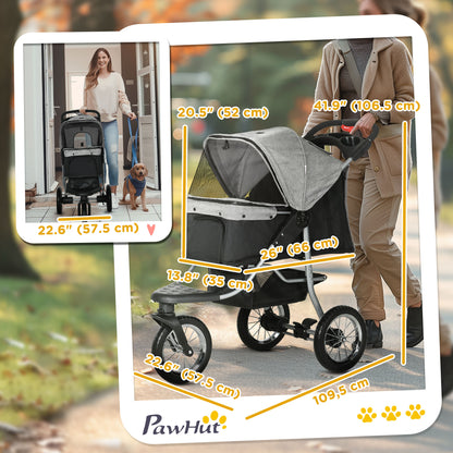 PawHut Pet Stroller with 3 Wheels, One-click Folding Design, Adjustable Canopy, Zippered Mesh Window Door, Grey