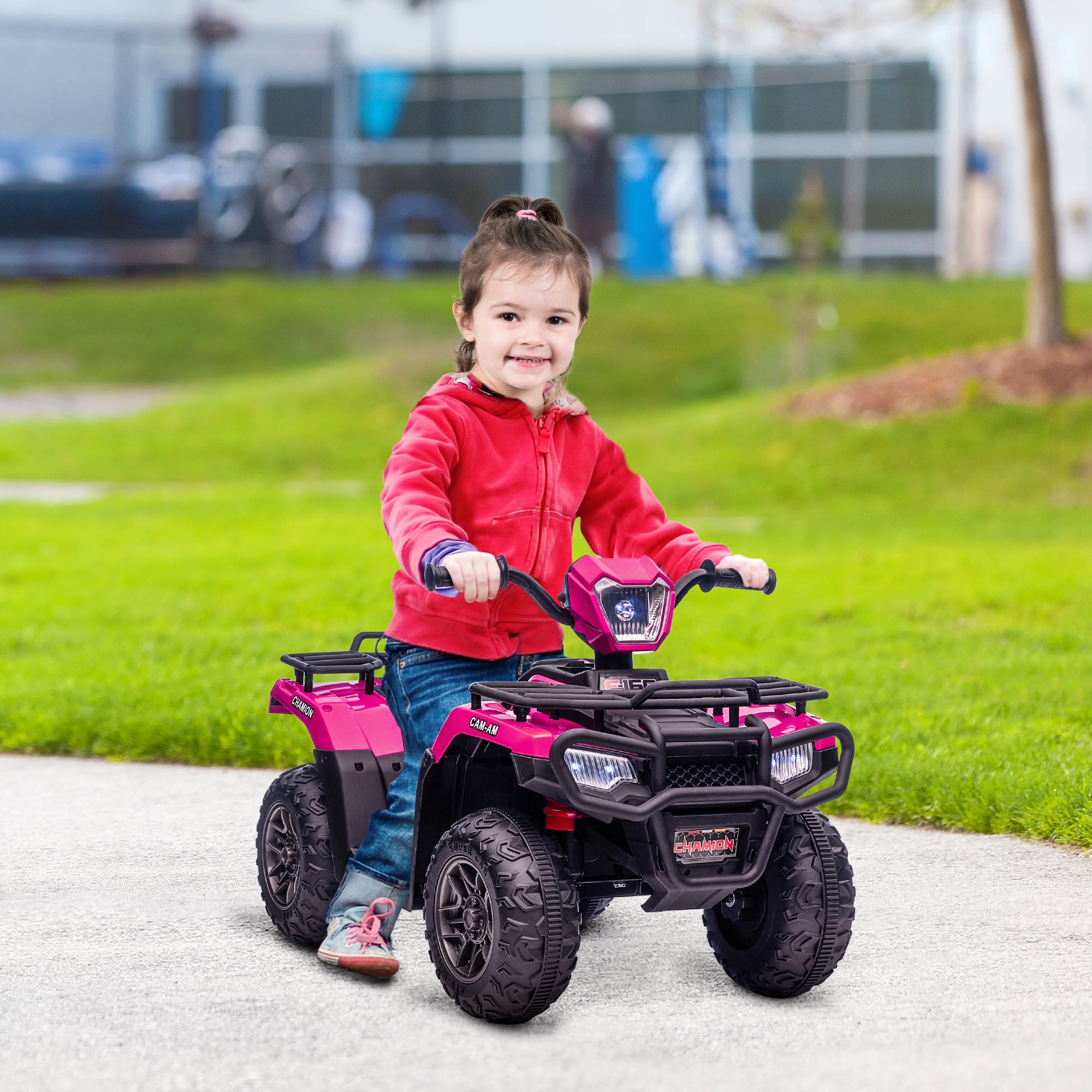 Aosom 12V Kids ATV Quad, 4 Wheeler Battery Powered Electric Vehicle with Music MP3, Headlights, High Low Speed, Treaded Tires, for Boys and Girls Ages 37-60 Months, Pink