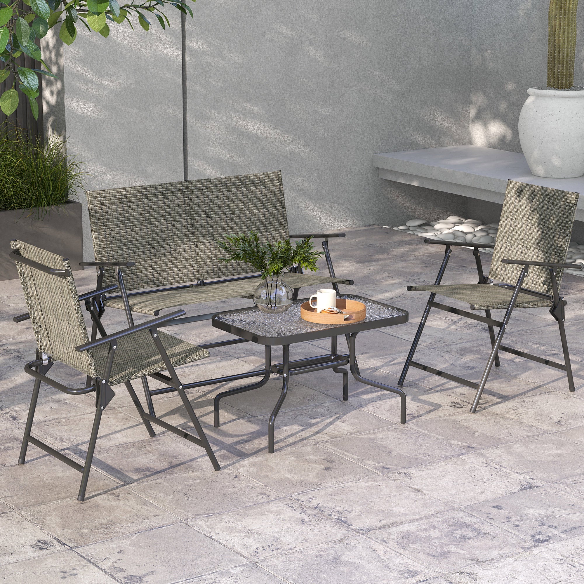 Outsunny Outdoor 4 Pieces Patio Furniture Set, Garden Set with Two Foldable Armchairs, a Loveseat & Glass Top Table, Mixed Brown
