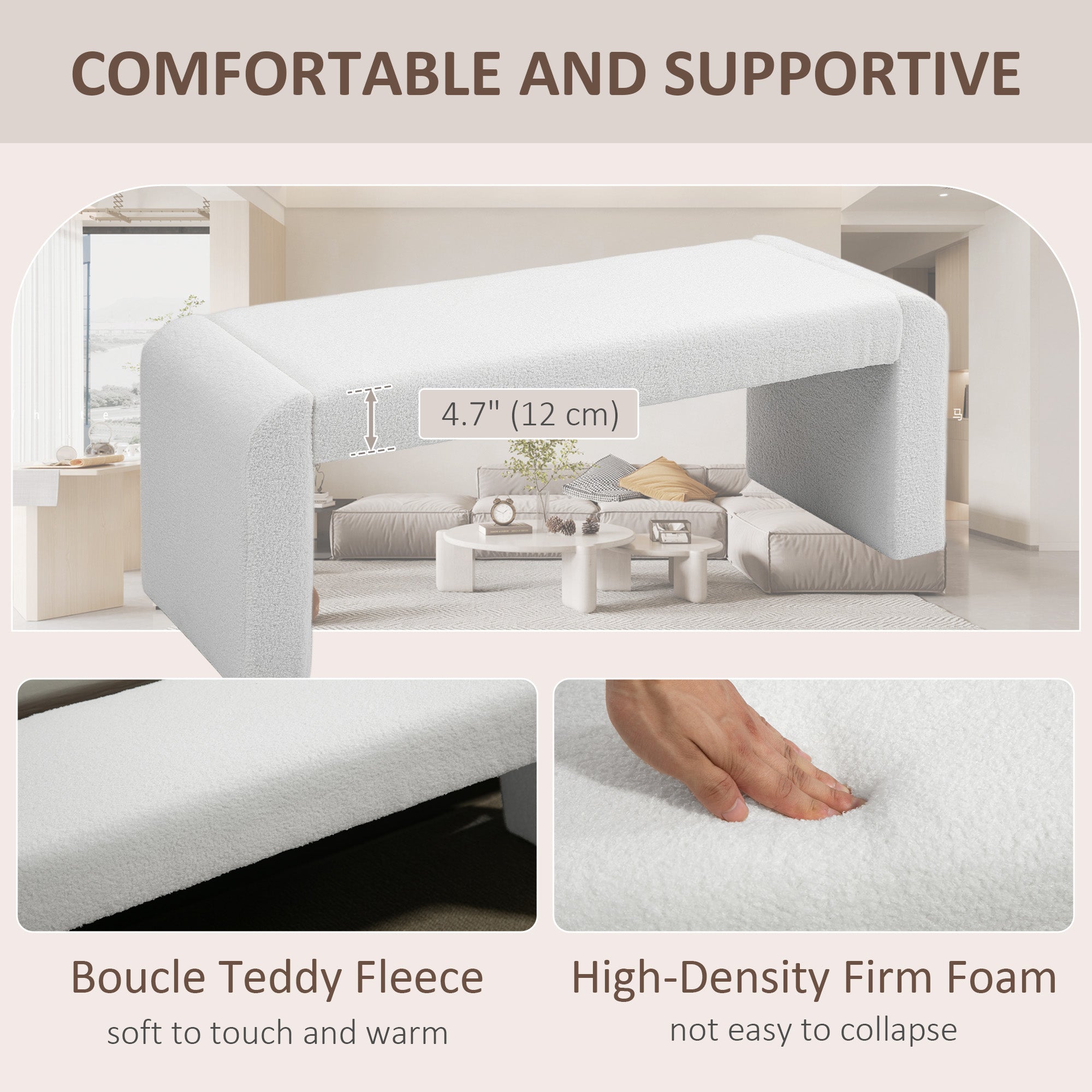 HOMCOM Upholstered Bedroom Bench, Boucle End of Bed Bench, Modern U-Shaped Entryway Bench, 47 x 18 x 18 Inches, White
