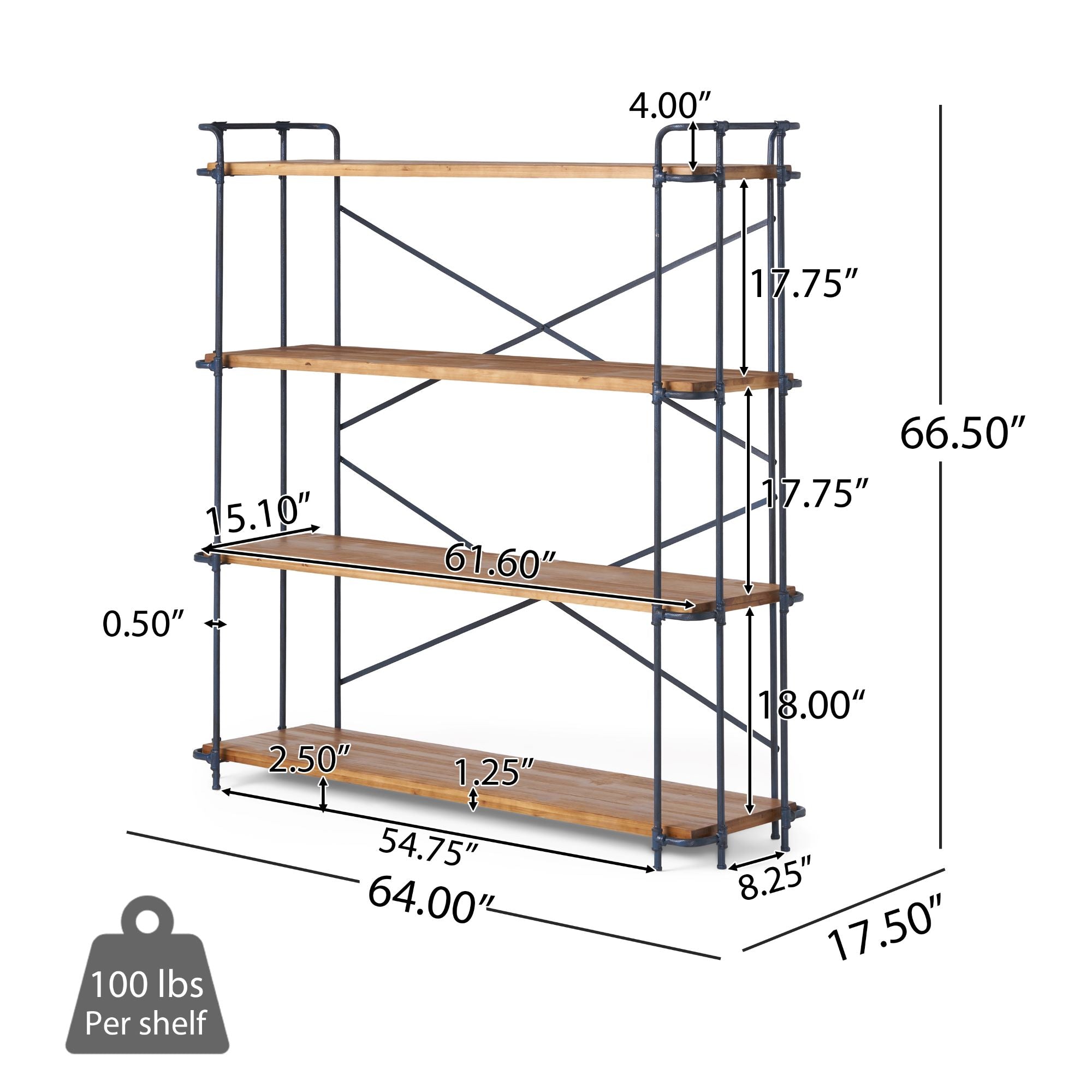 4-Shelf Minimalist Bookcase with Sleek Iron Frame, Industrial Design, Ideal for Patios, Backyard, 64" L x 17.5" W x 66.5" H, Natural