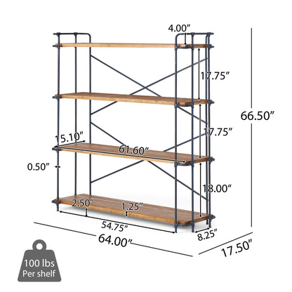 4-Shelf Minimalist Bookcase with Sleek Iron Frame, Industrial Design, Ideal for Patios, Backyard, 64" L x 17.5" W x 66.5" H, Natural