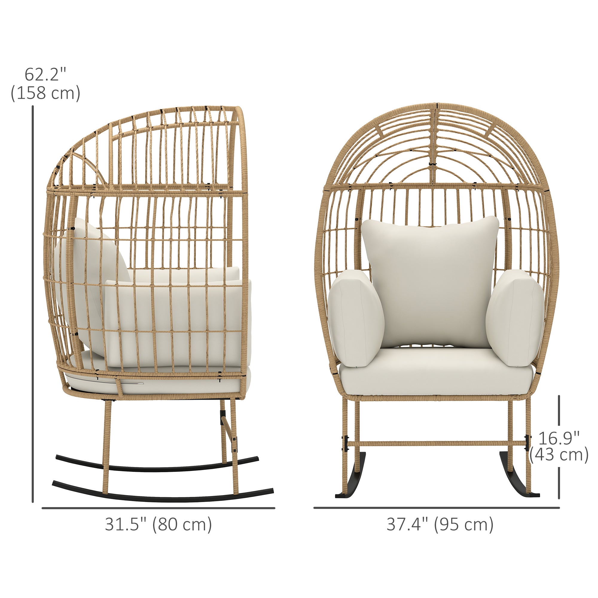 Outsunny Oversized Rocking Chair, Indoor Outdoor Egg Chair w/ Thickened Cushions, Wicker Patio Lounger for Porch, Balcony, Beige