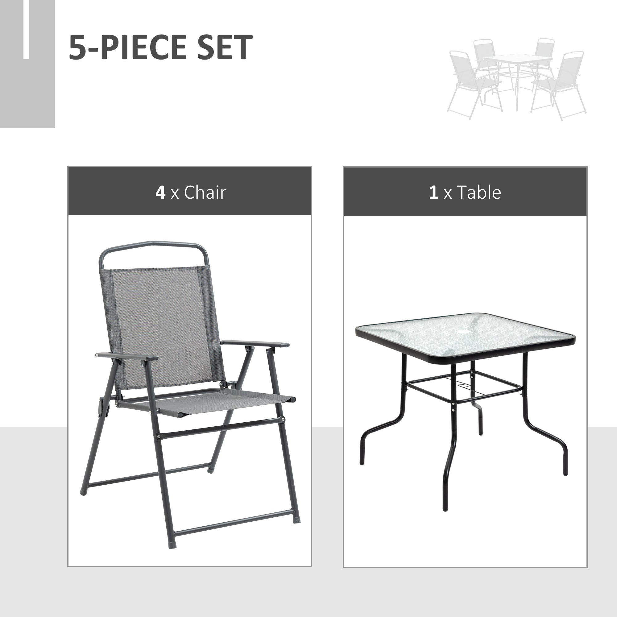 Outsunny 5 Pieces Patio Table and Chairs, Outdoor Dining Set with 4 Folding Chairs, Glass Tabletop and Parasol Hole, Grey