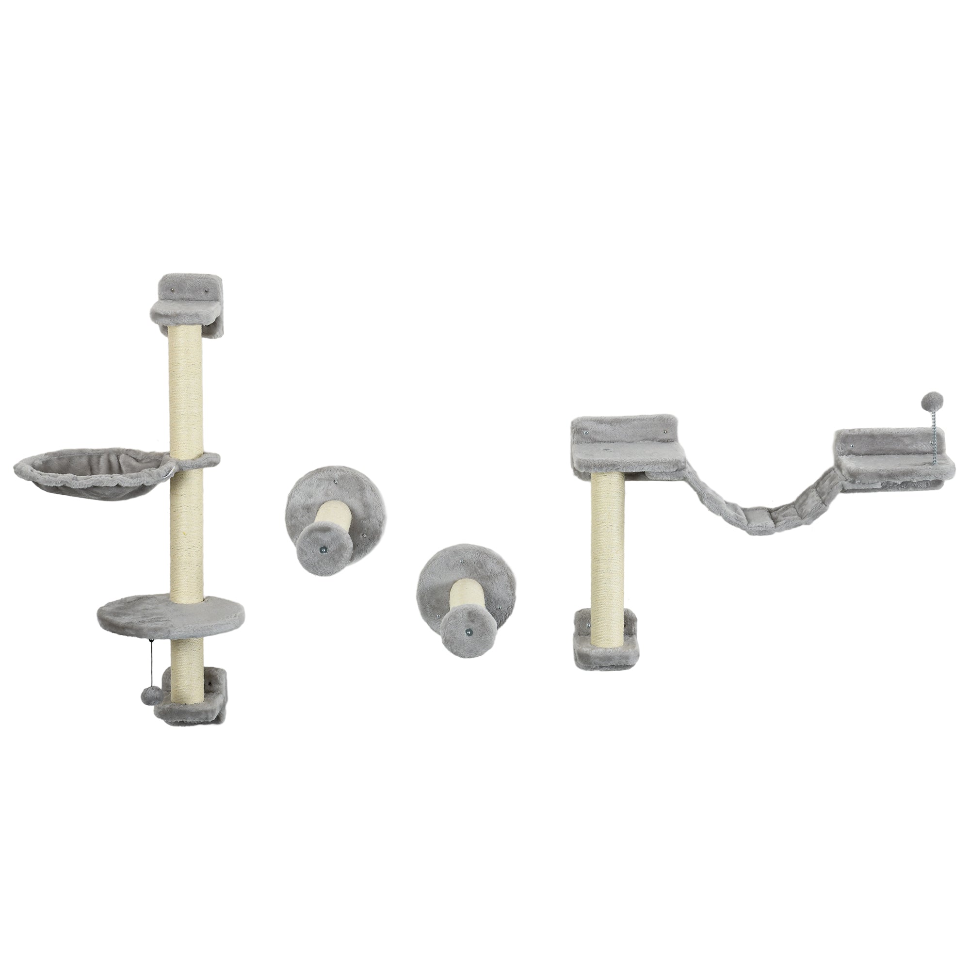 PawHut 4PCs Cat Wall Shelves with Hammock, Scratching Post, Ladder, Steps, Platforms, Toy Balls, Grey