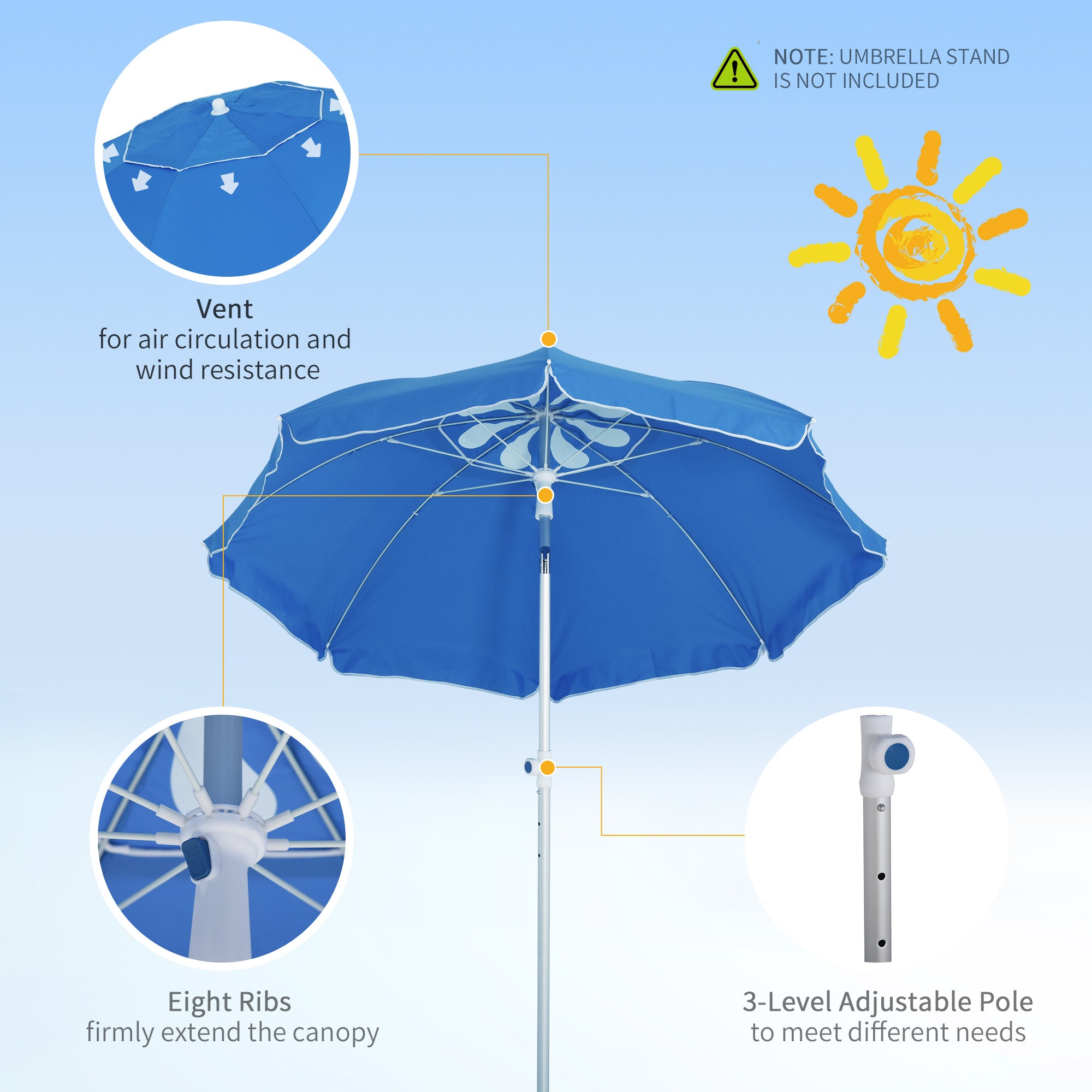 Outsunny Arc. 6.4ft Beach Umbrella with Aluminum Pole Pointed Design Adjustable Tilt Carry Bag for Outdoor Patio Blue