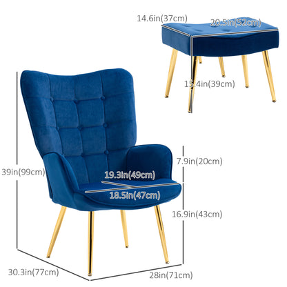 HOMCOM Modern Accent Chair with Footrest, Gold Metal Legs for Living Room & Bedroom - Dark Blue Upholstered Armchair