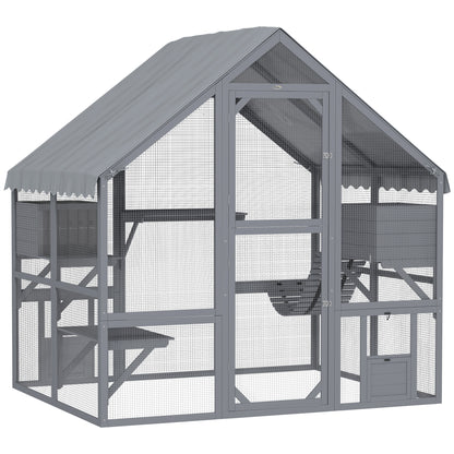 PawHut Large Catio Outdoor with Waterproof Cover, 2 Resting Boxes, 4 Platforms, Bridge, for 2-4 Kittens, Grey