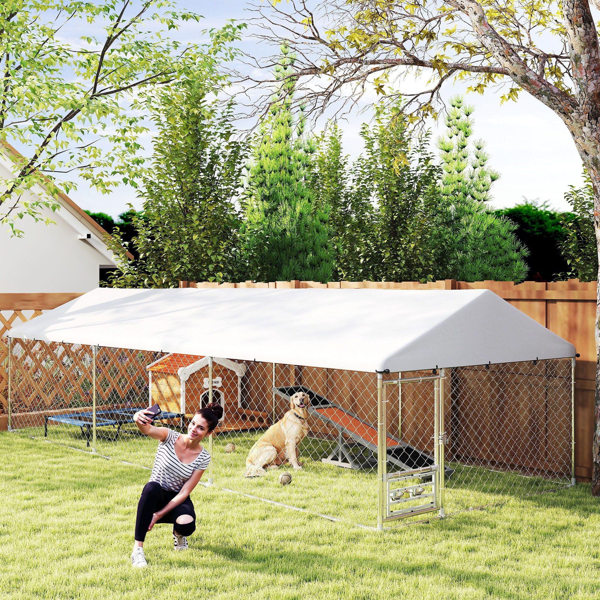 PawHut Outdoor Dog Run w/ Adjustable & Rotating Bowls, Waterproof UV-Resistant Cover, Secure Lock, 19.7' x 7.5' x 5.2'