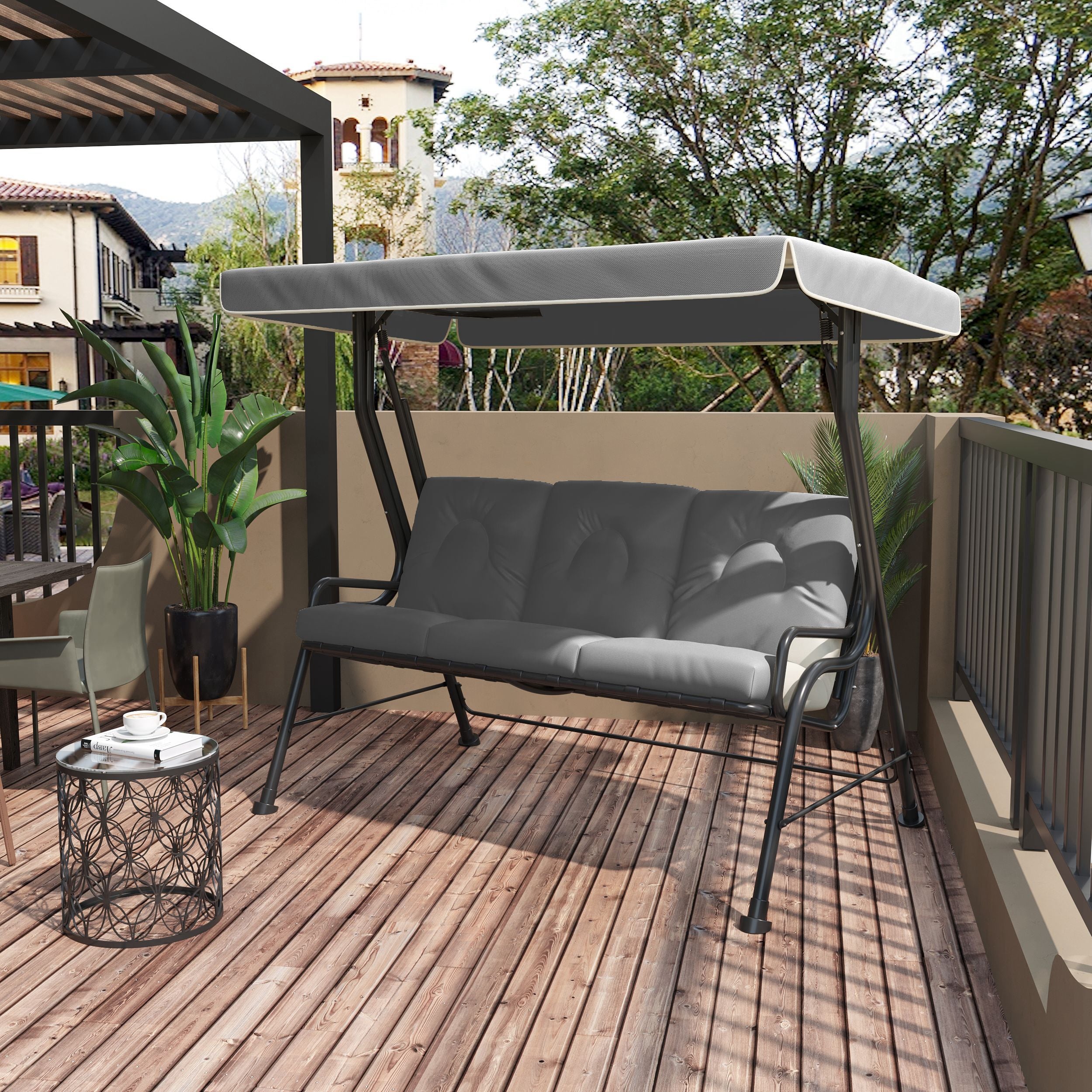 Outsunny 3-Person Patio Swing Chair with Canopy 3 Seater Porch Swing for Garden, Backyard, Poolside, Light Grey