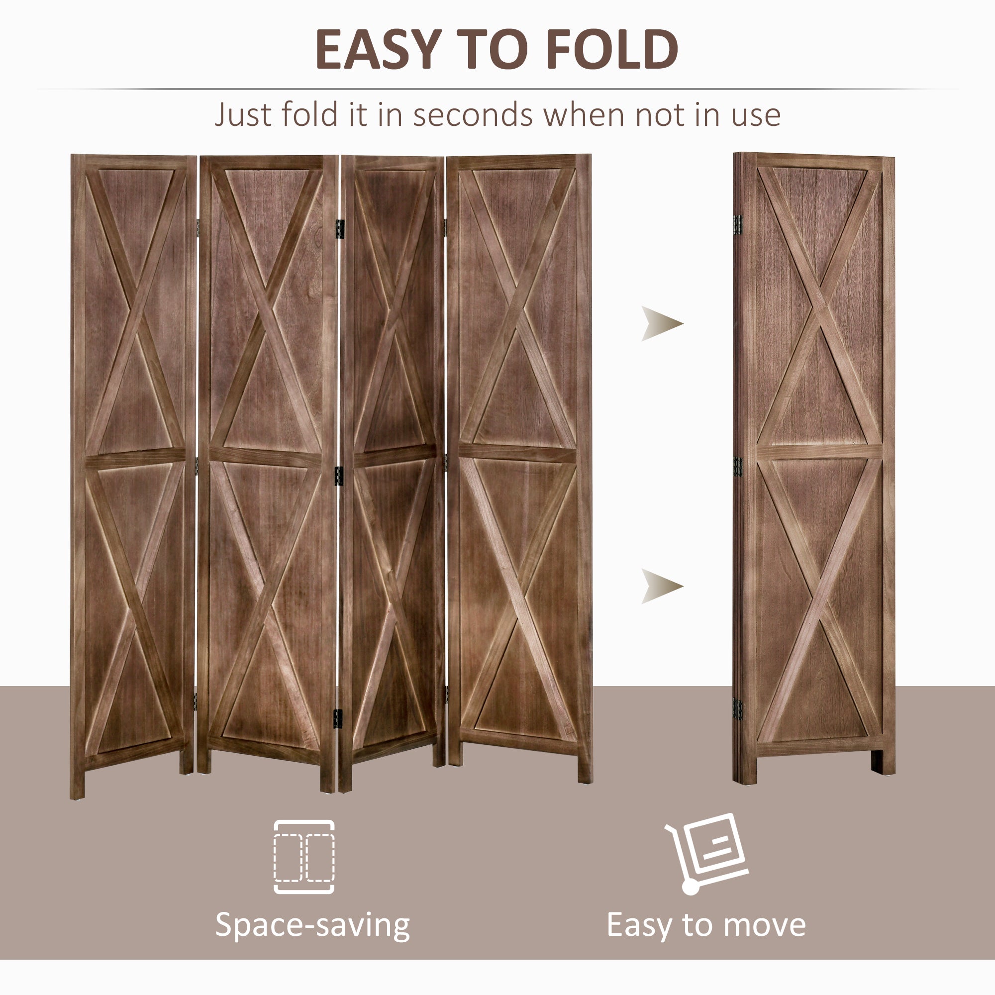 HOMCOM 4-panel Wall Partition Farmhouse Room Separator with Foldable Design Wooden Frame 5.6FT, Walnut