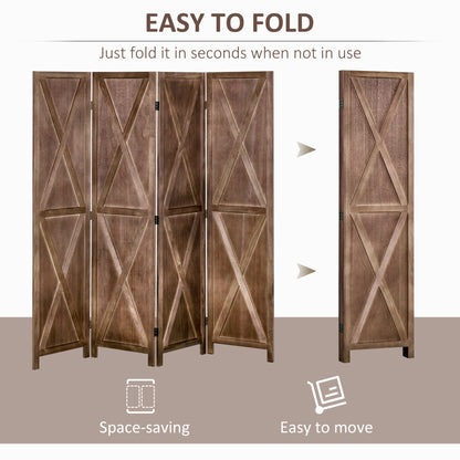 HOMCOM 4-panel Wall Partition Farmhouse Room Separator with Foldable Design Wooden Frame 5.6FT, Walnut
